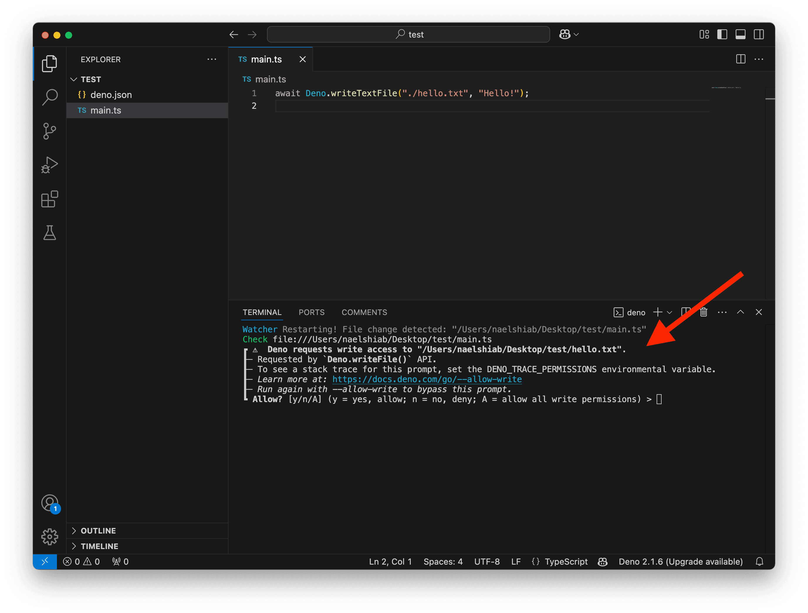 A screenshot showing VS Code showing a Deno write warning in the terminal.