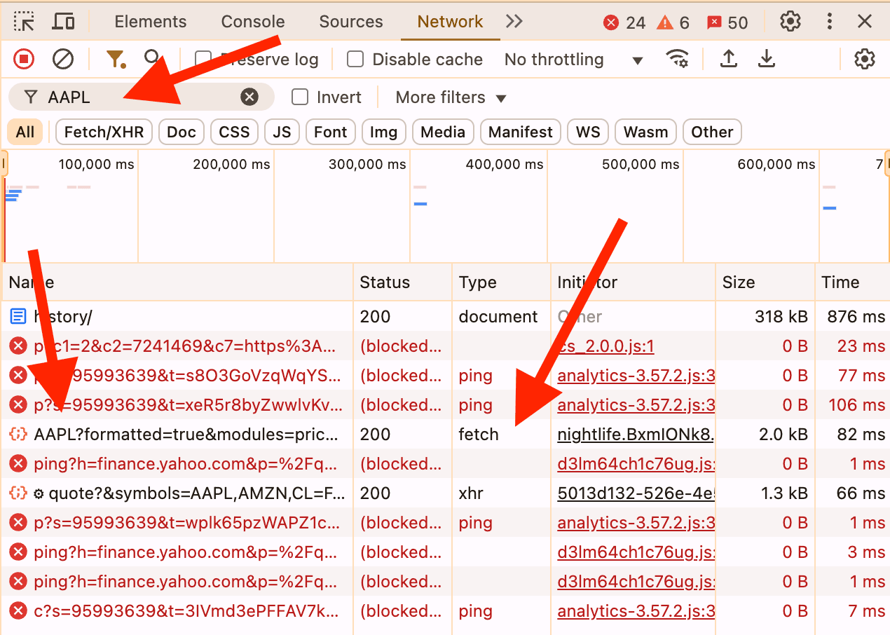 A screenshot showing the Yahoo Finance website with the detailed network requests.