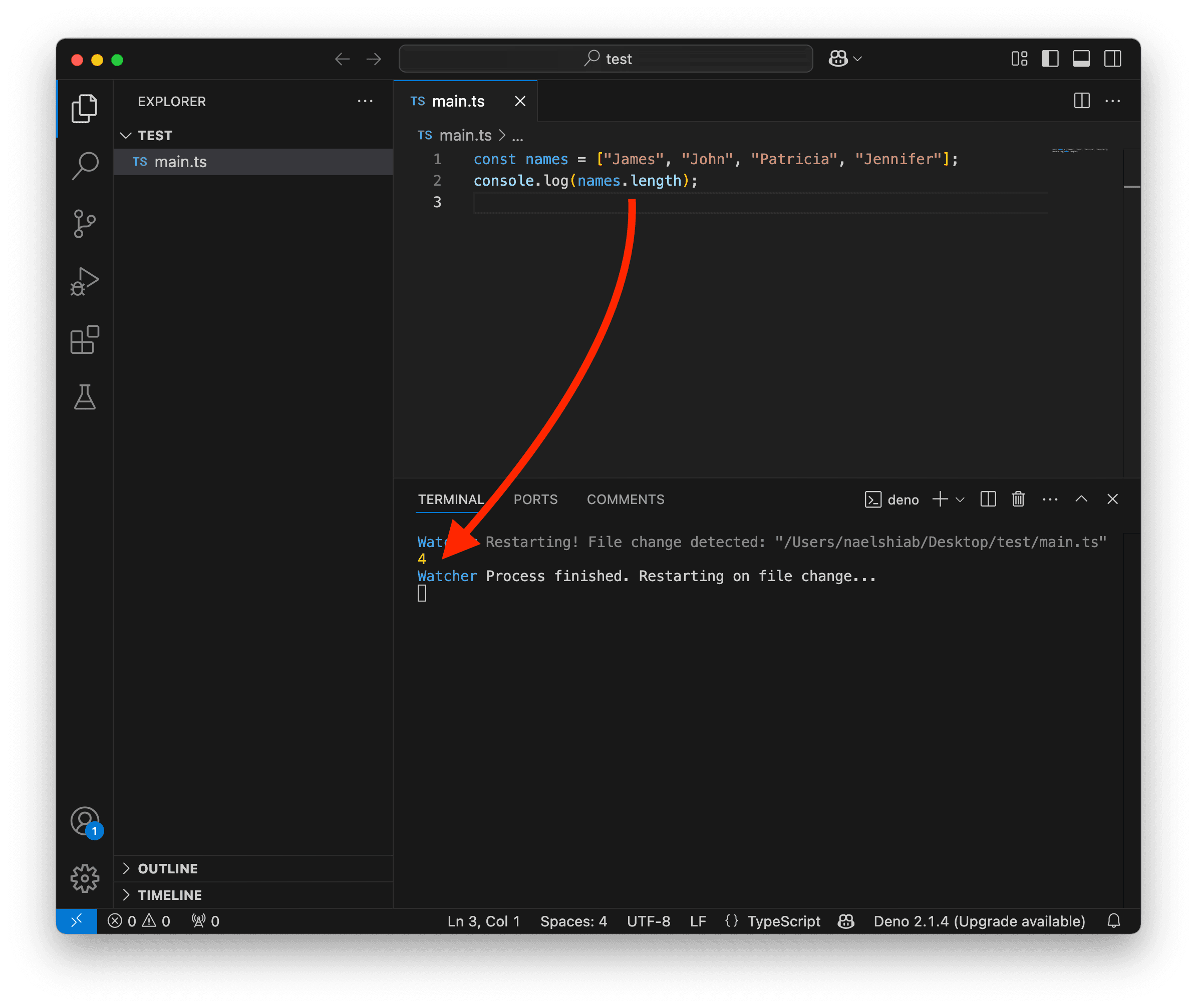 A screenshot showing VS Code logging an array length.