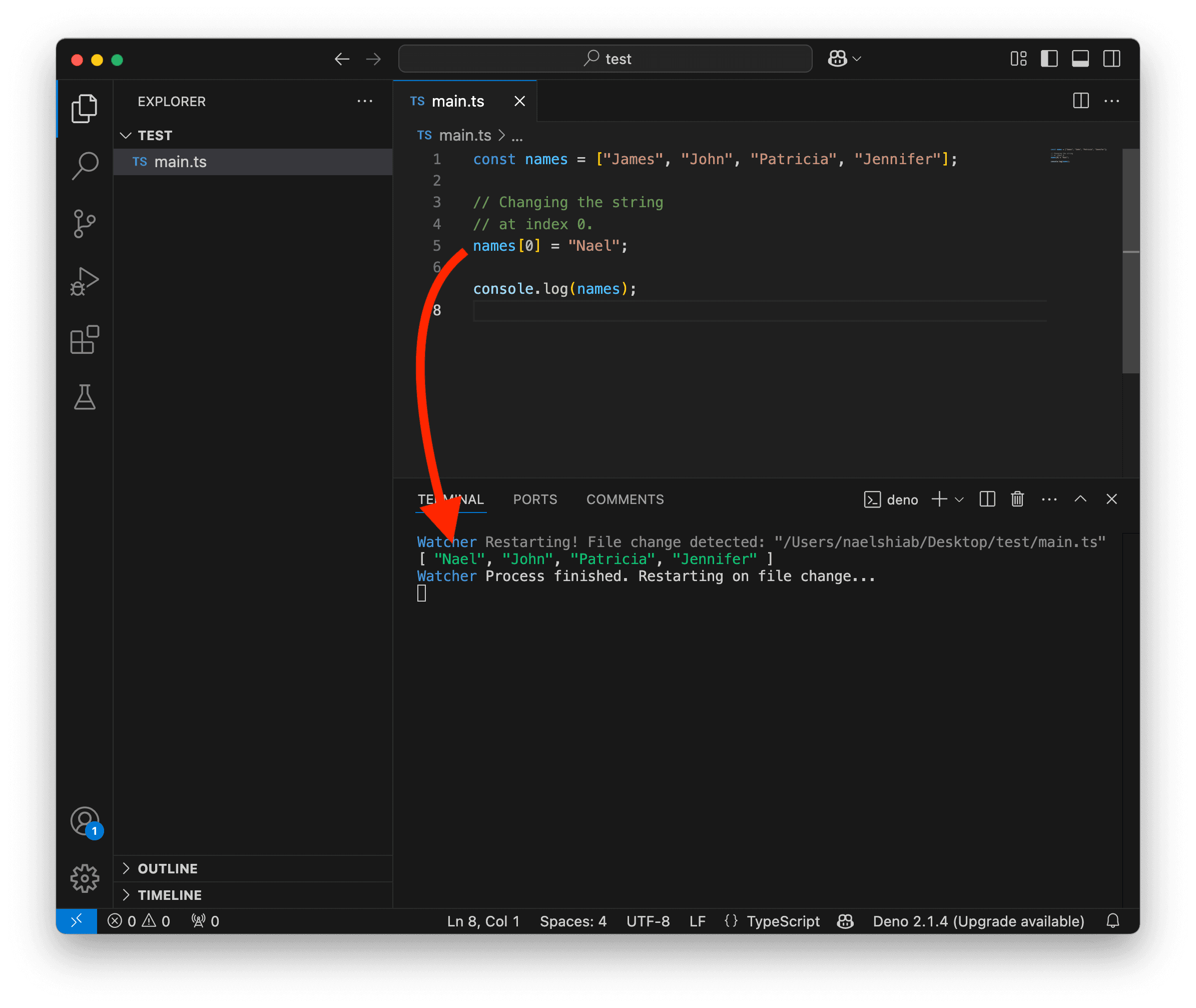 A screenshot showing VS Code showing a script updating a string value in an array.