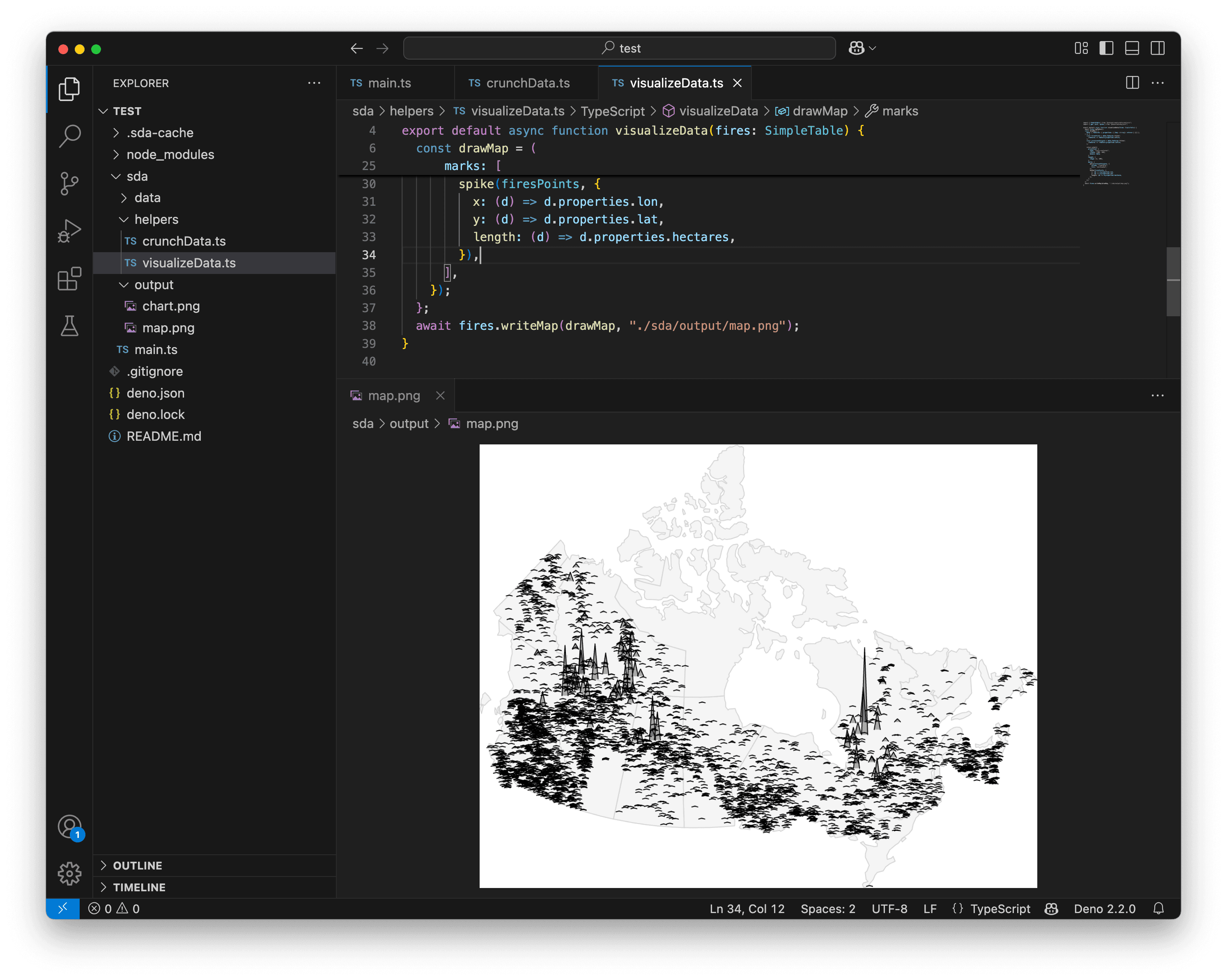 VS Code showing a basic spike map.