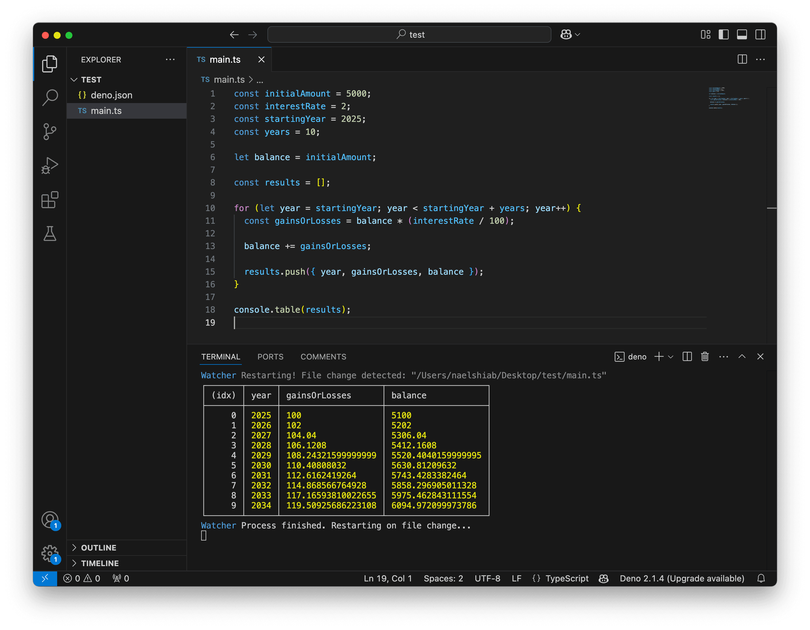 A screenshot showing VS Code with a basic savings account calculator.