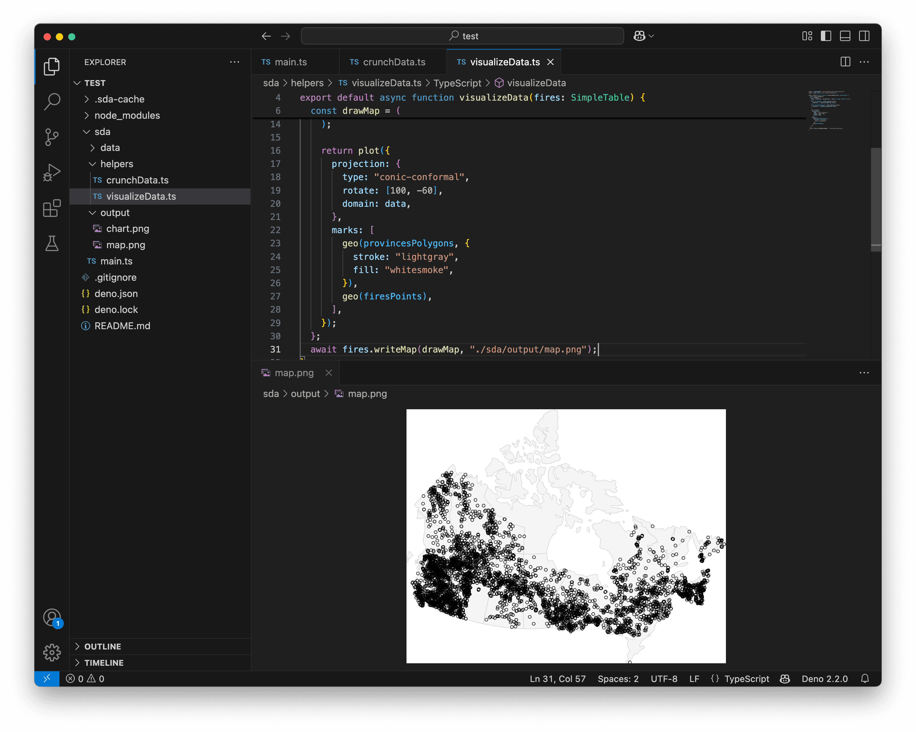 VS Code showing province boundaries as light grey.