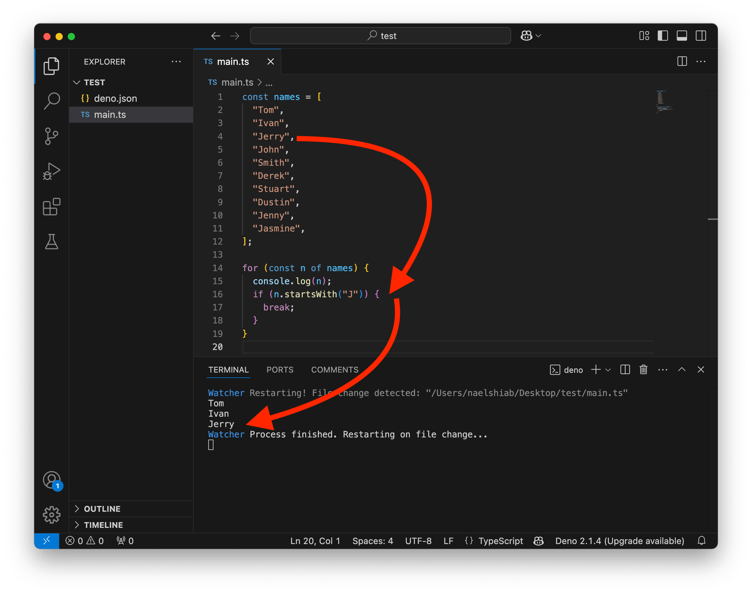 A screenshot showing VS Code running a for loop with a break.