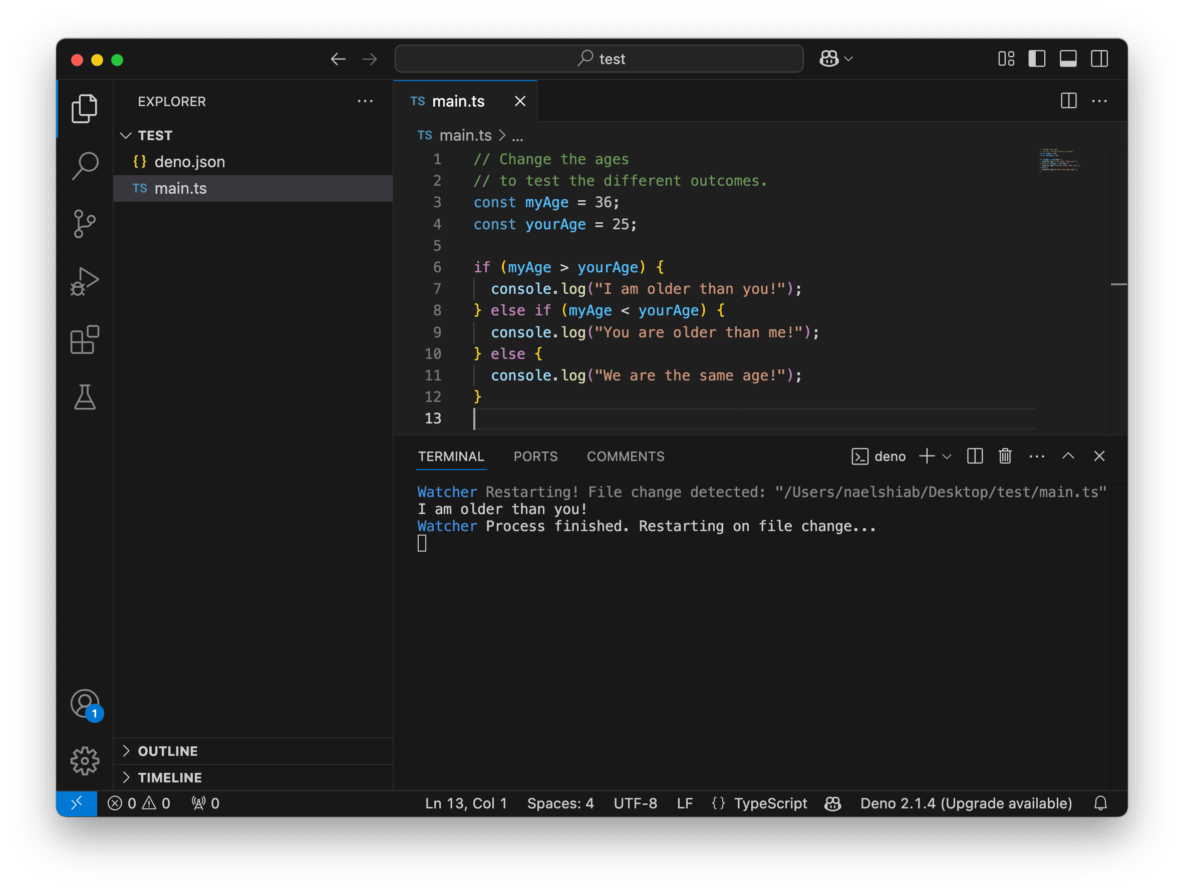 A screenshot showing VS Code running a TypeScript file with if, else if, and else statements.