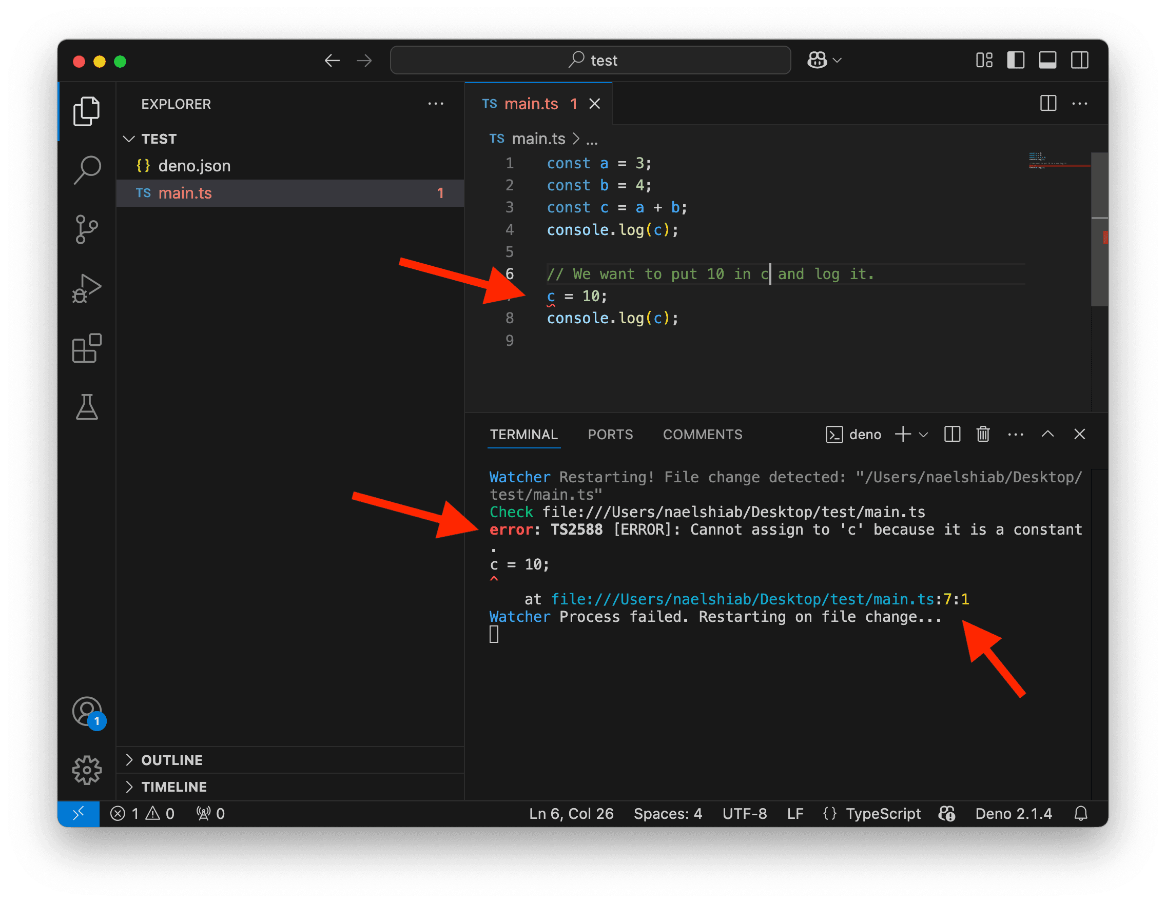 Une capture d'écran montrant une erreur dans le terminal de VS Code.