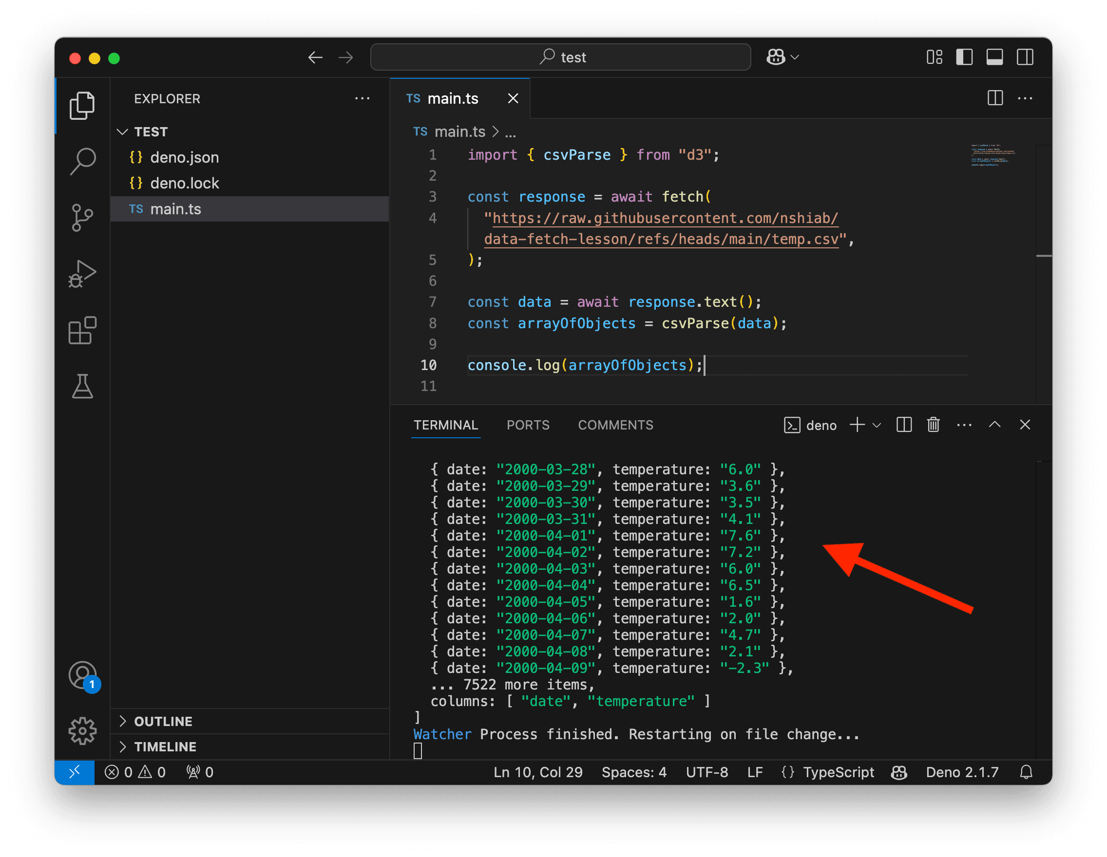 A screenshot showing CSV data converted to an array of objects in the terminal.