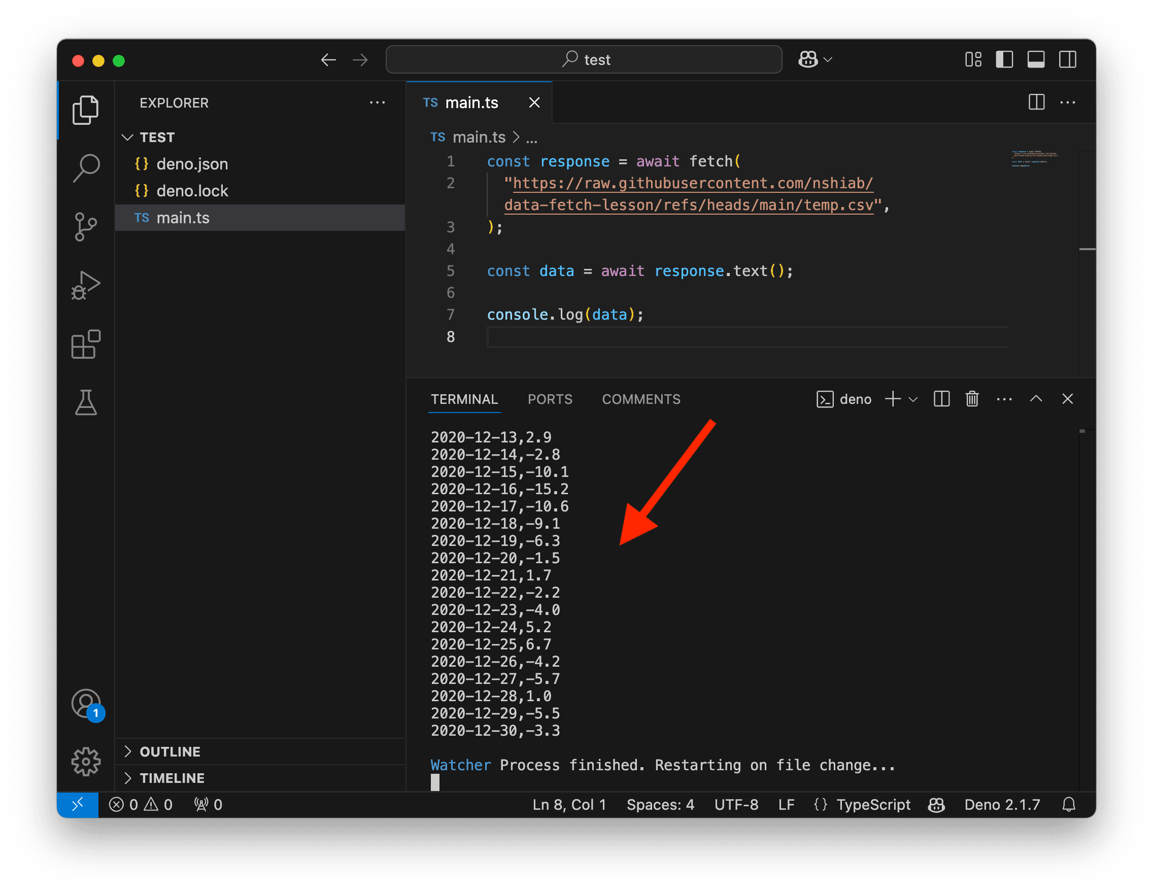 A screenshot showing CSV data in the terminal.