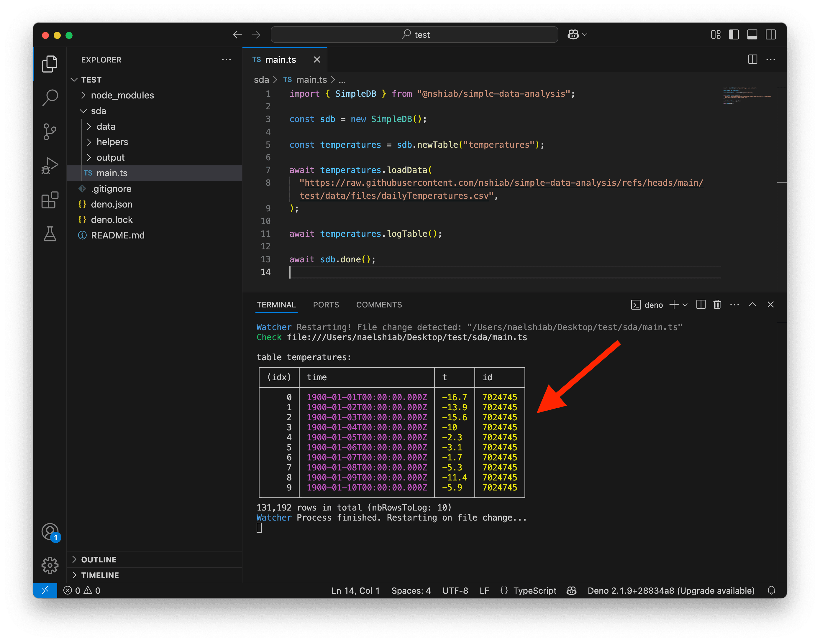 A screenshot showing temperature data logged in the terminal.