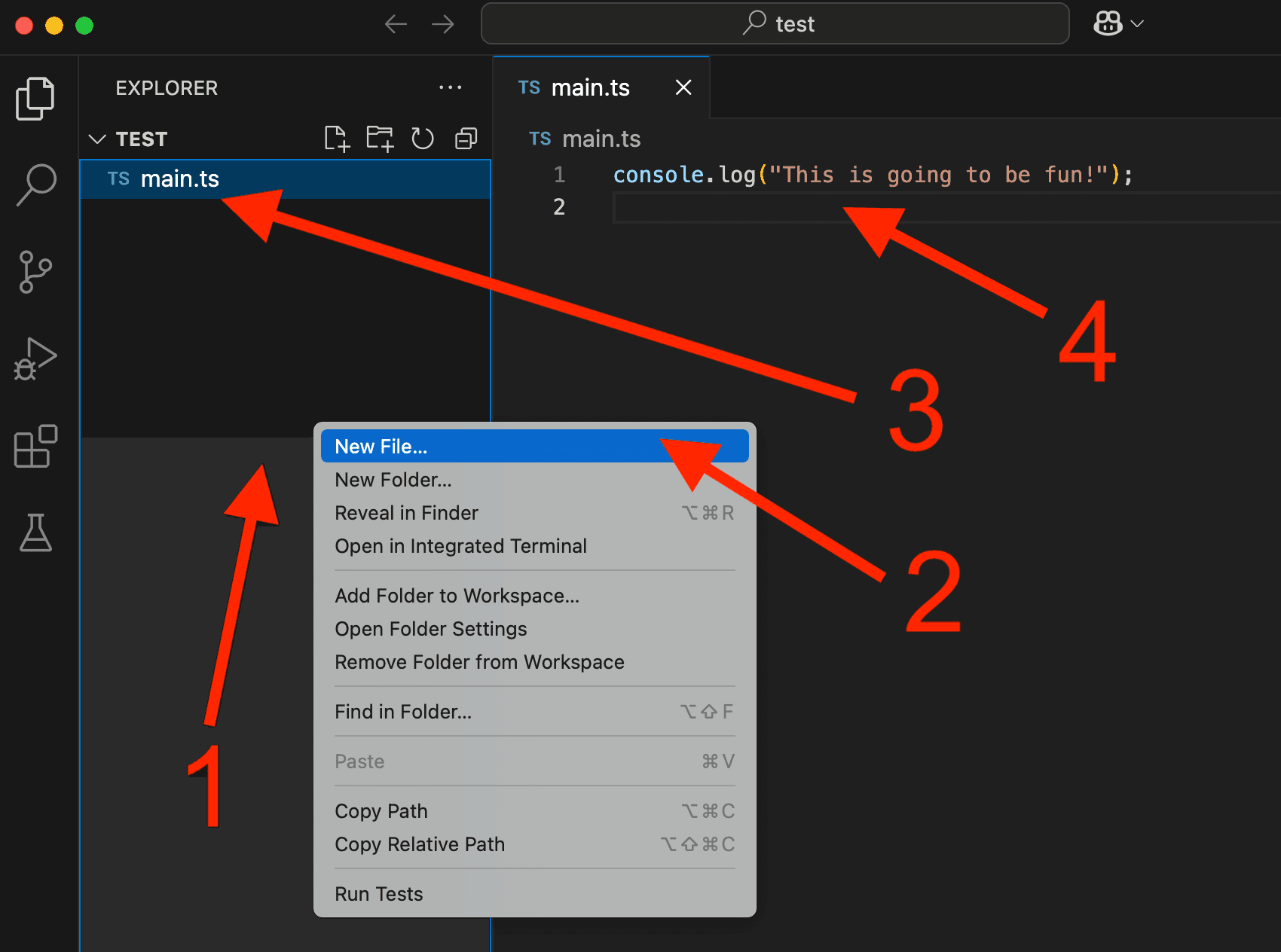 Une capture d'écran montrant comment créer un nouveau fichier TypeScript dans VS Code.