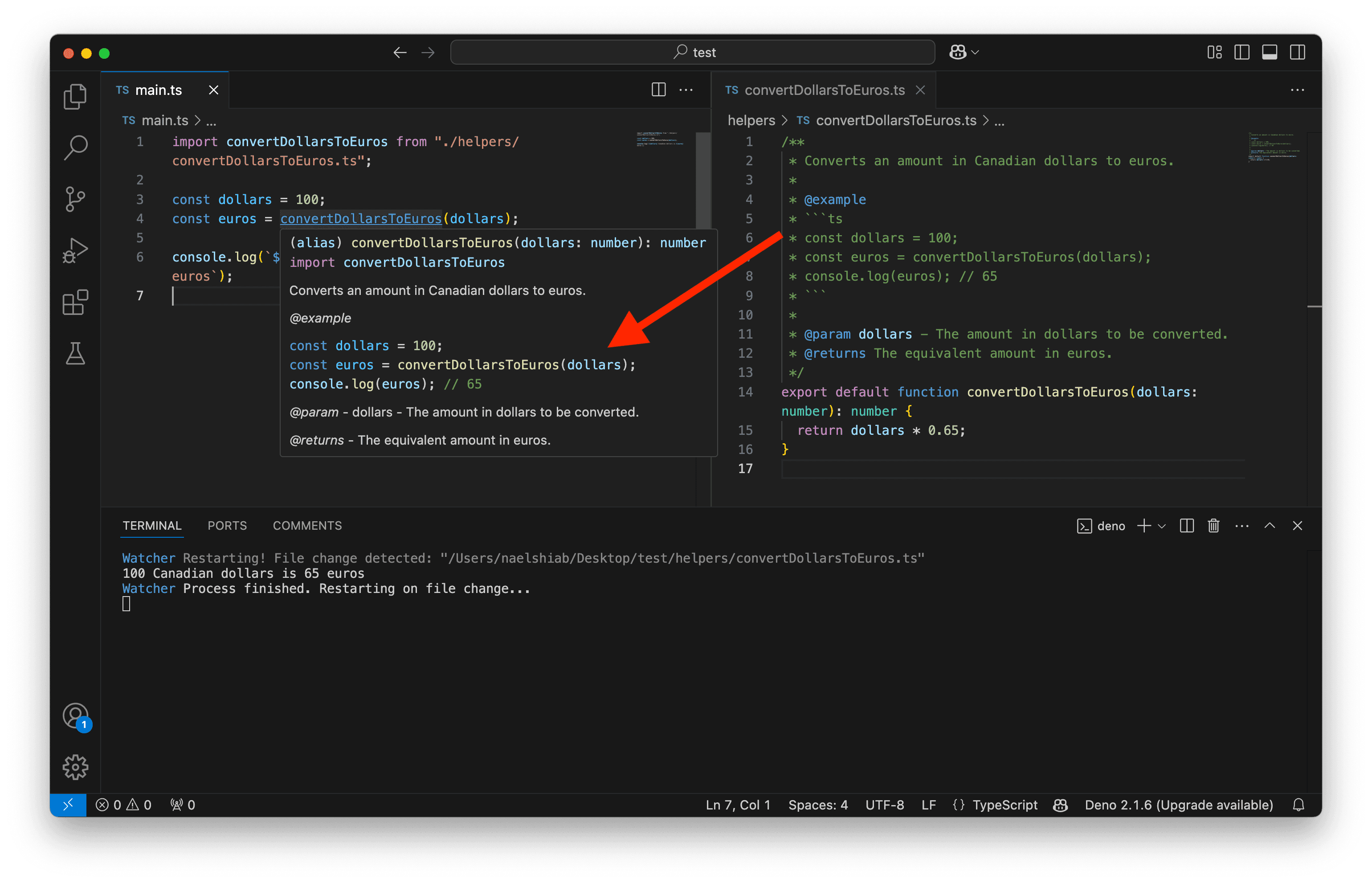 A screenshot showing VS Code displaying JSDoc with an example for a function.