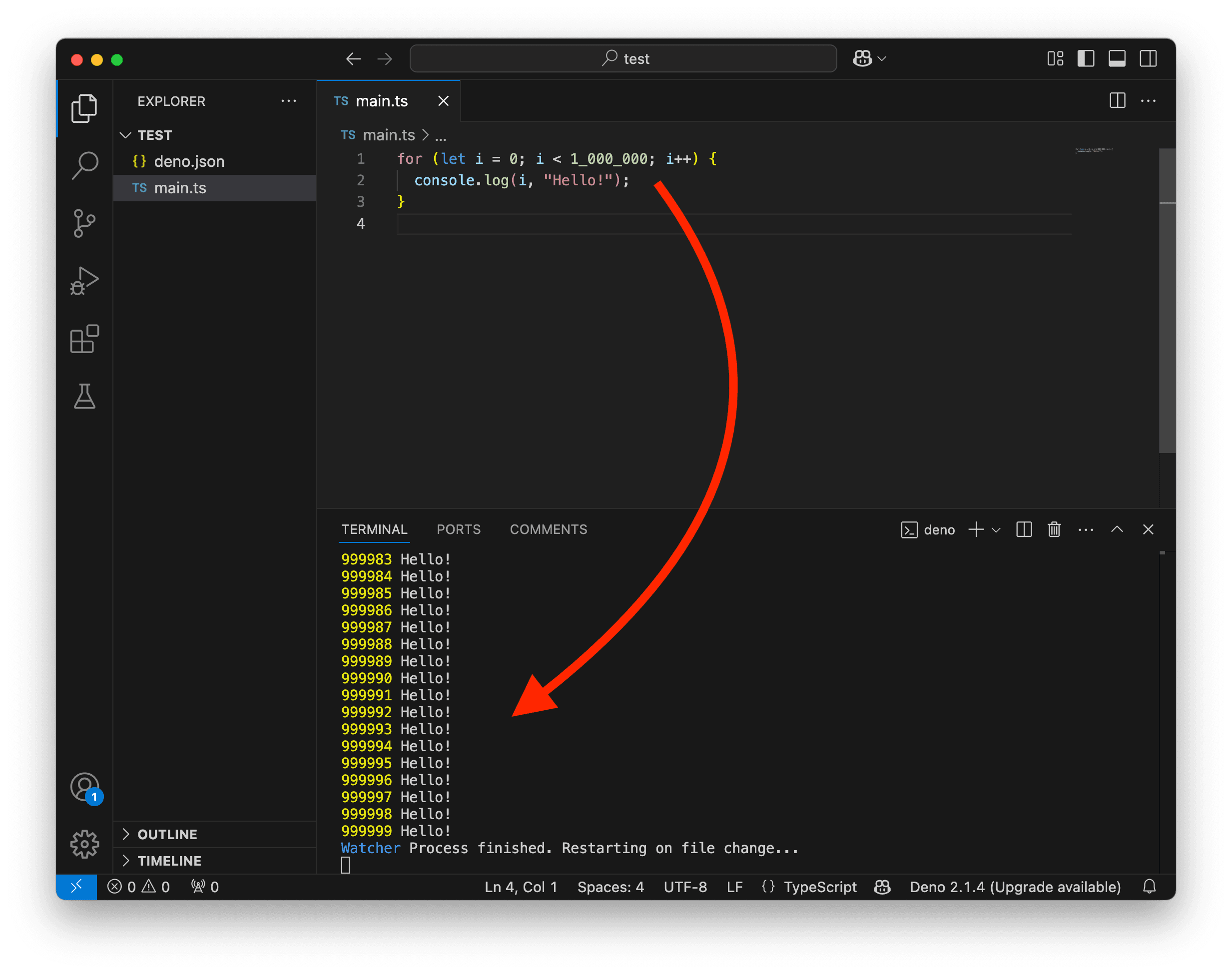 A screenshot showing VS Code running a for loop.