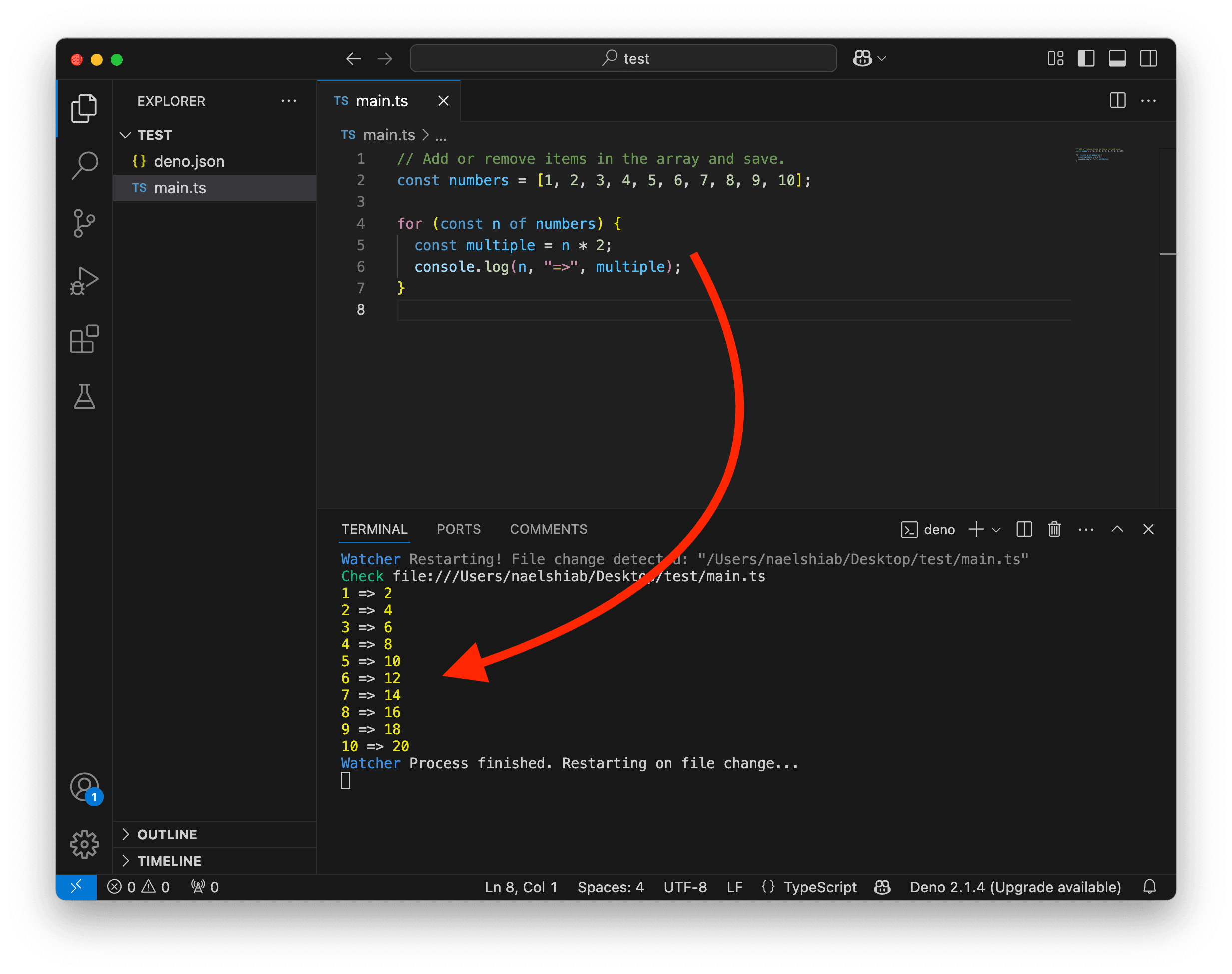 A screenshot showing VS Code running a for-of loop.