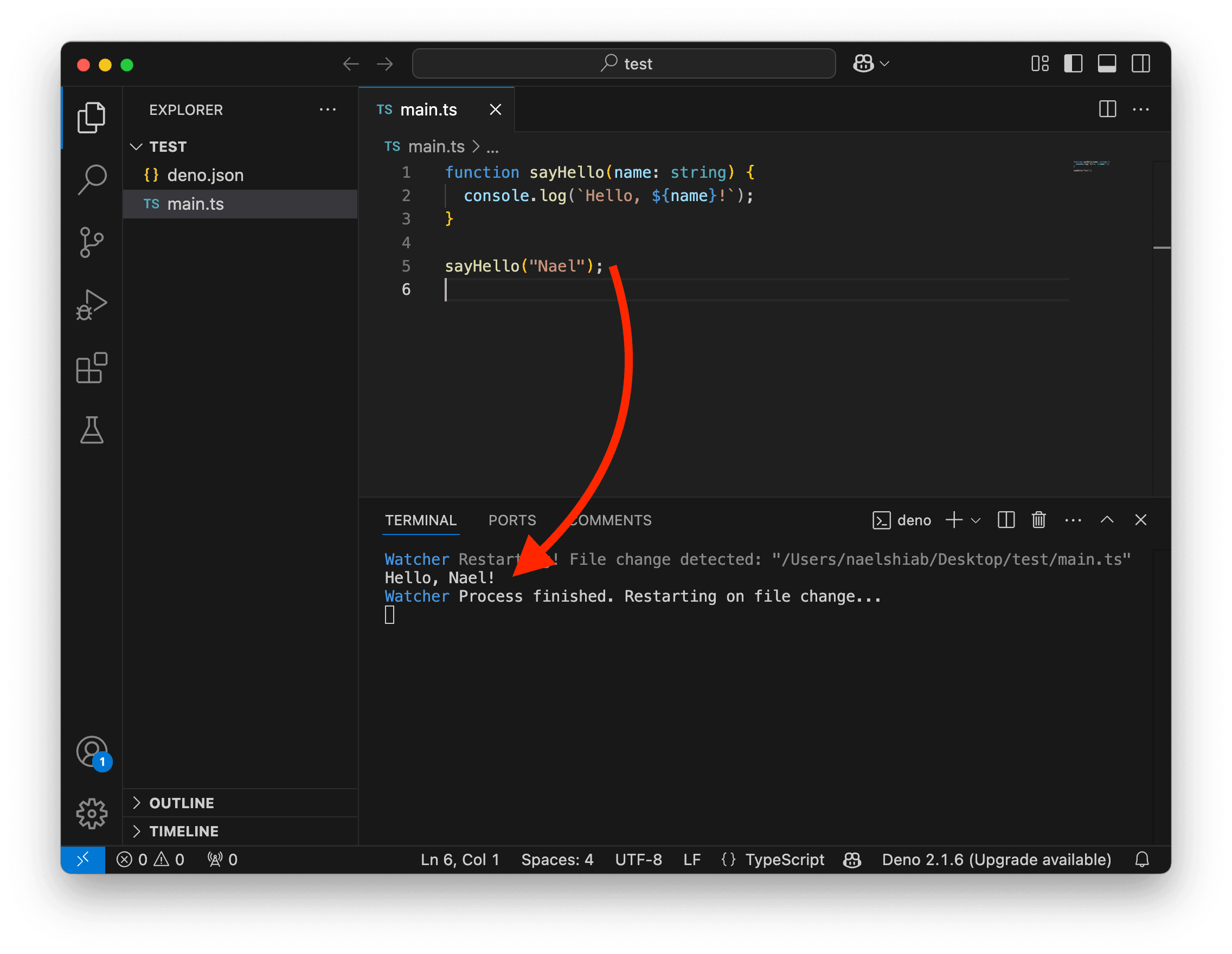 A screenshot showing VS Code logging "Hello Nael".