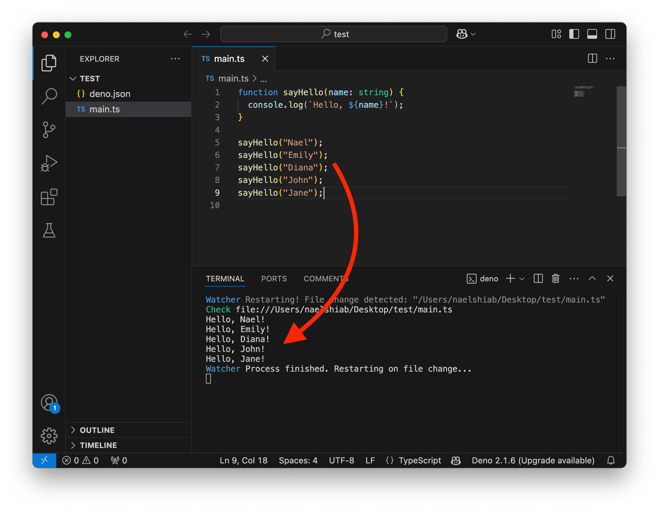 A screenshot showing VS Code logging multiple "Hello" with different names.