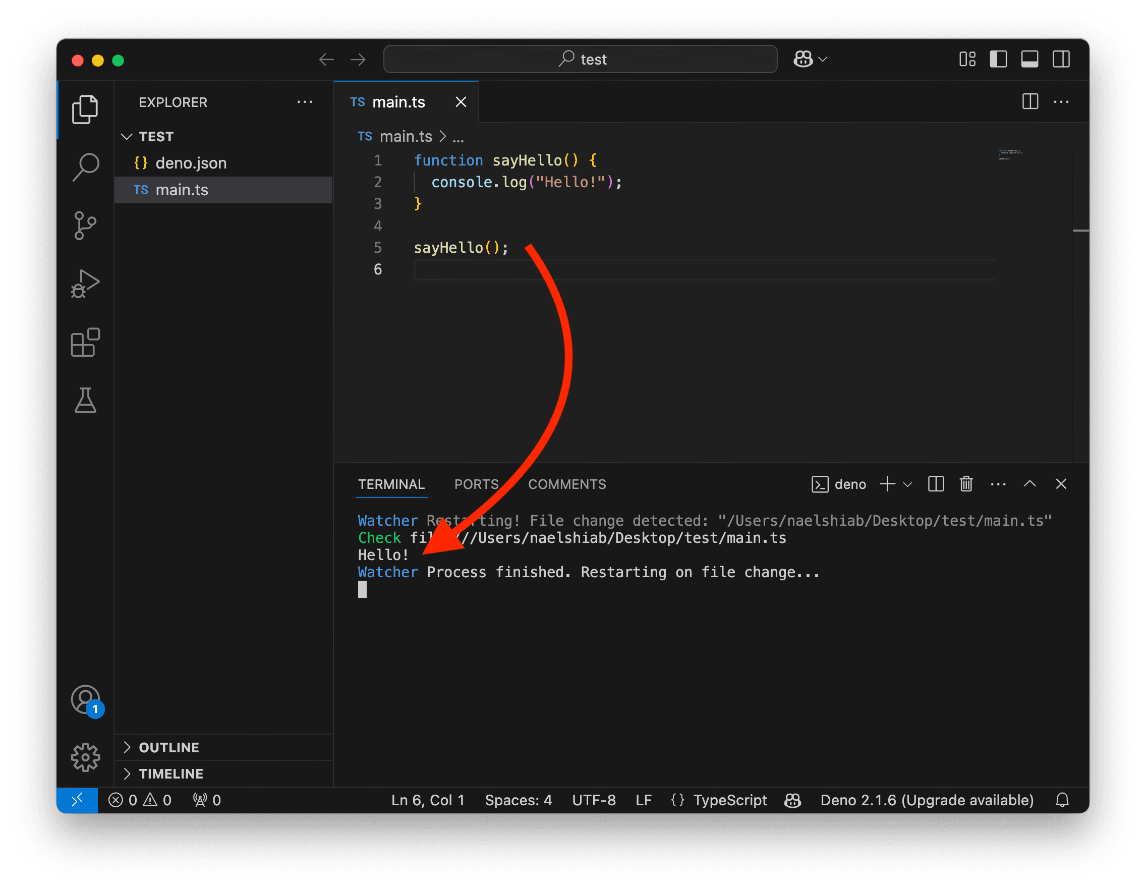 A screenshot showing VS Code logging Hello!.