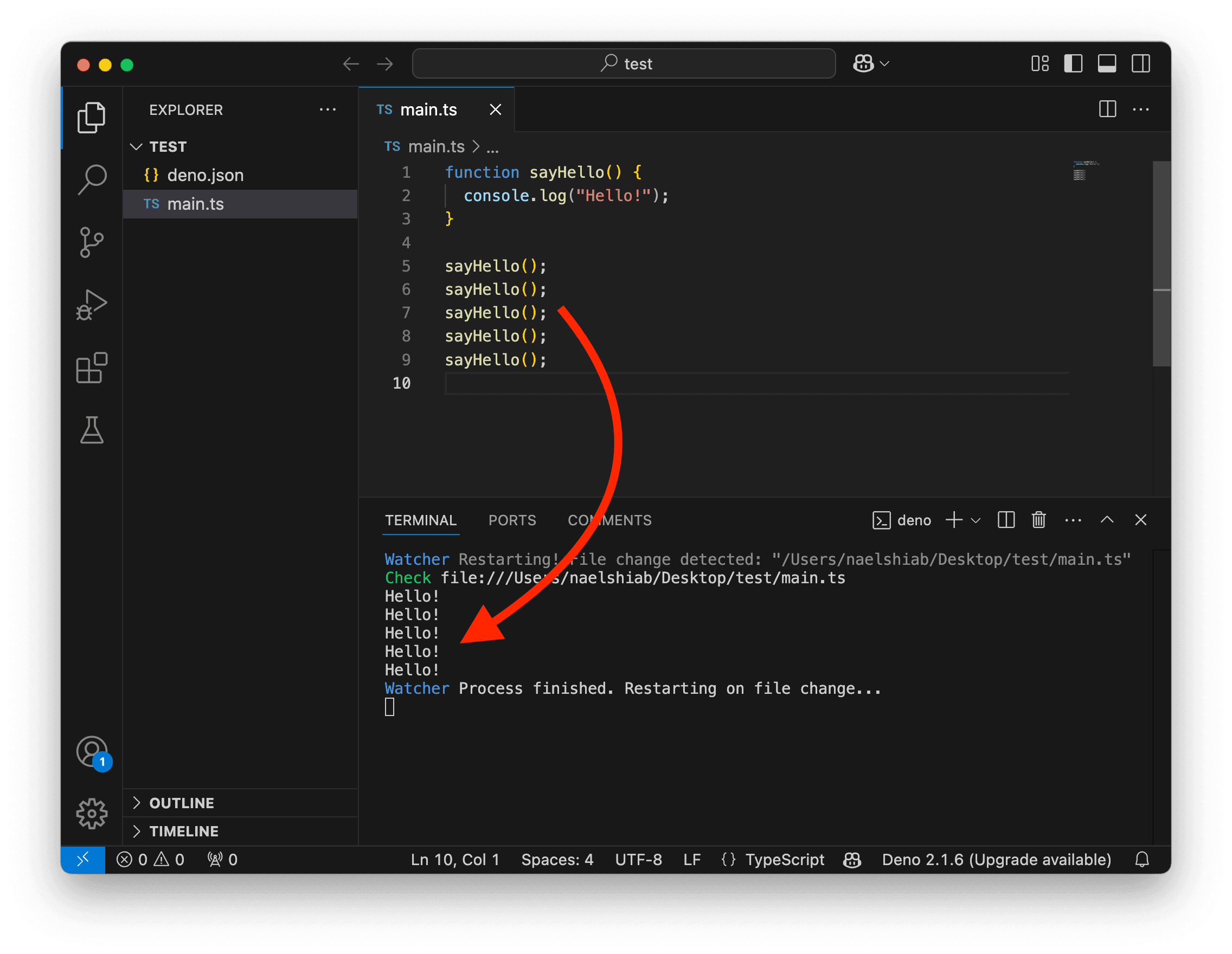 A screenshot showing VS Code logging multiple Hello!.