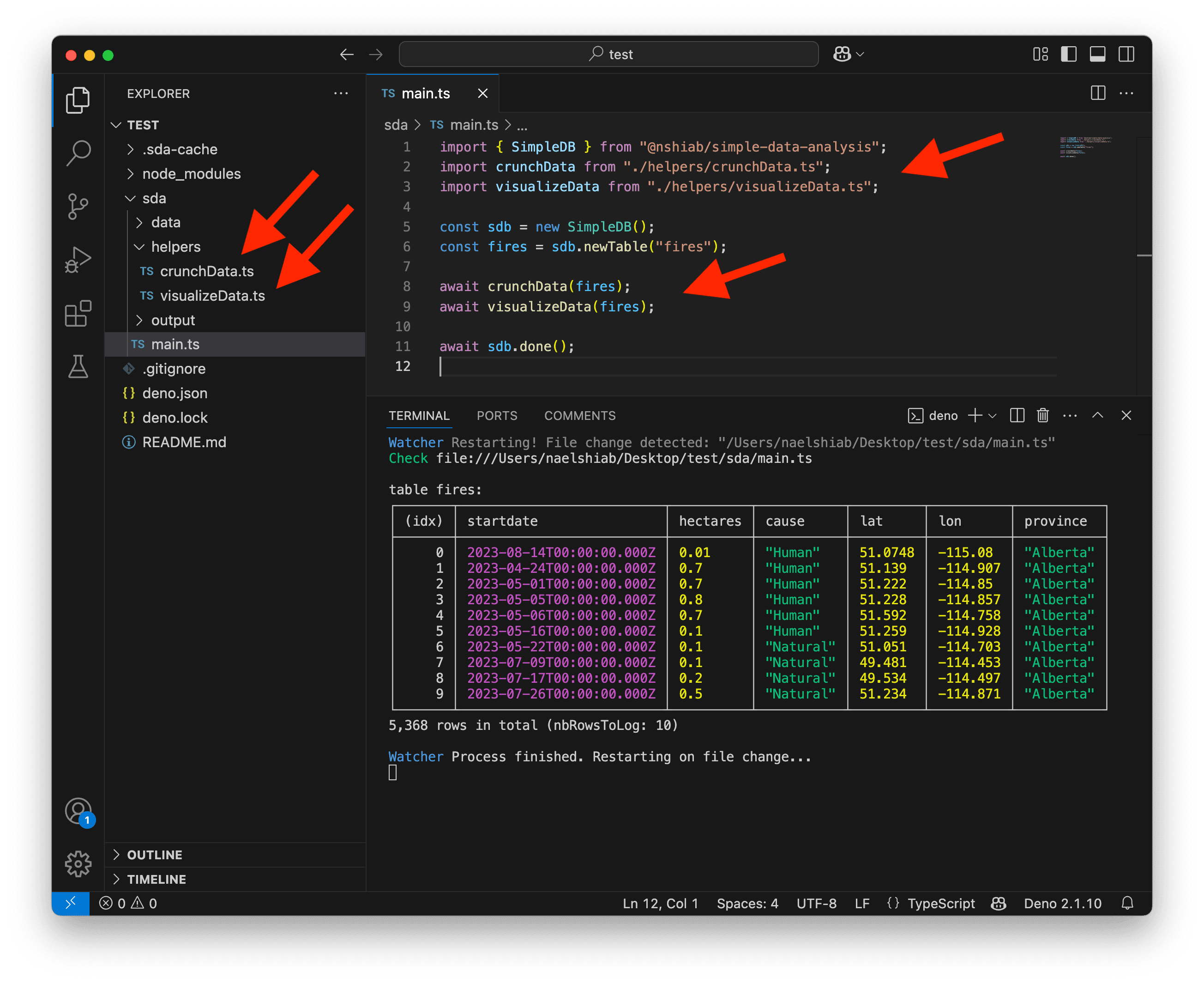 A screenshot showing VS Code after running helper functions.