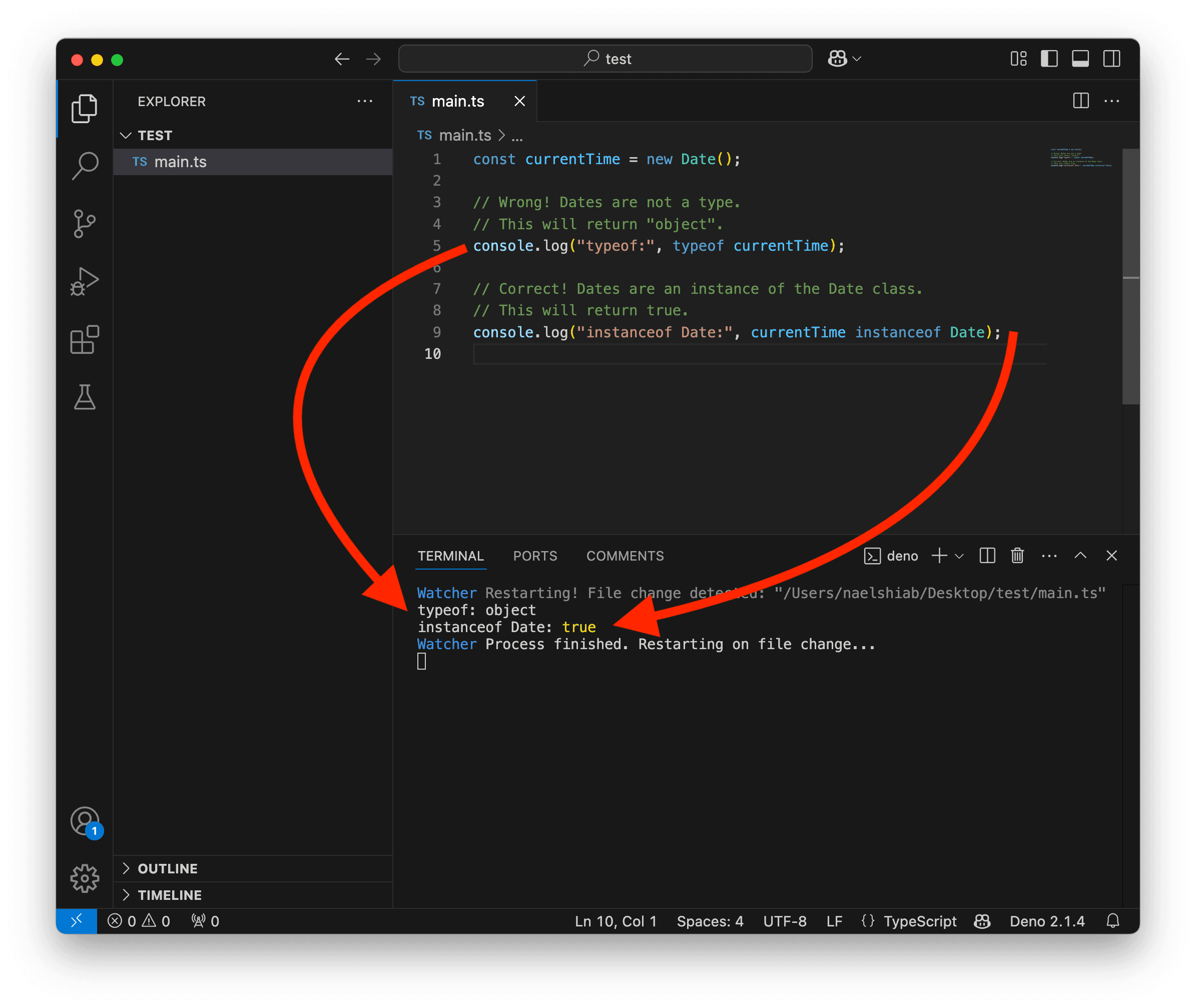 Une capture d'écran montrant VS Code vérifiant si une valeur est une date.