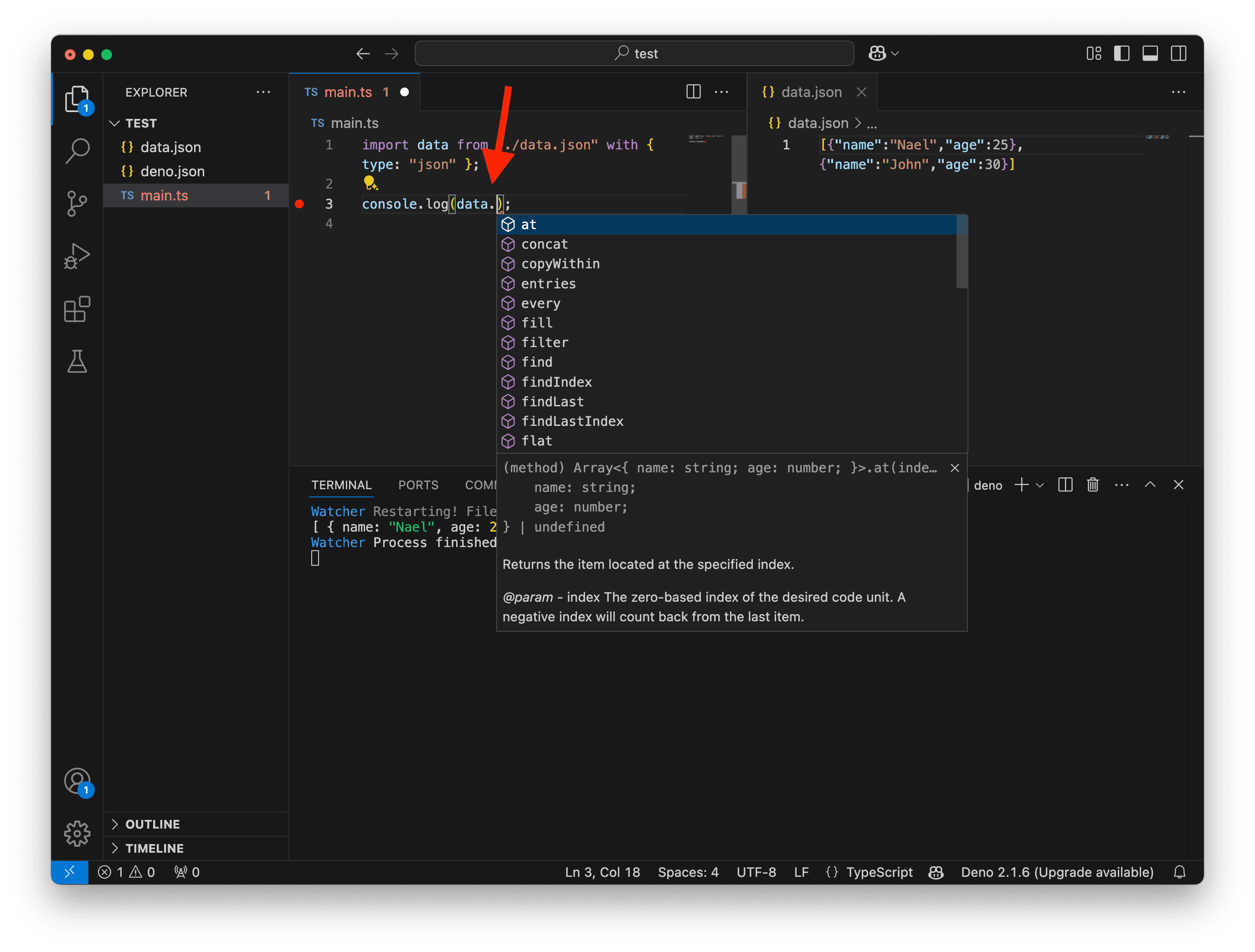 A screenshot showing VS Code suggesting array methods.