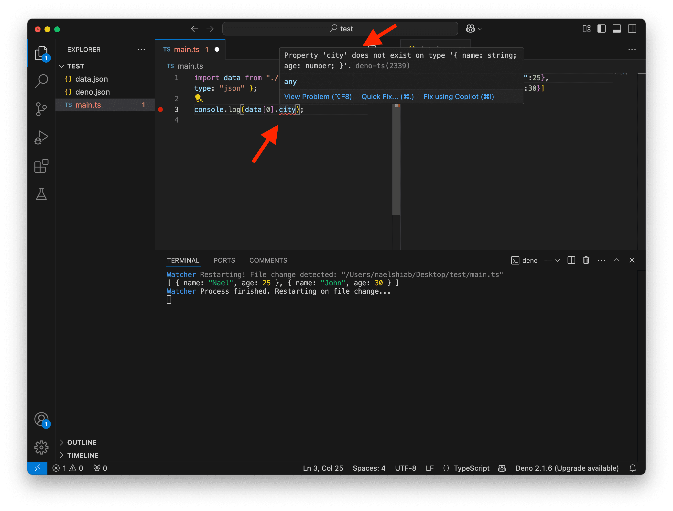 A screenshot showing VS Code reading a JSON file with Deno.