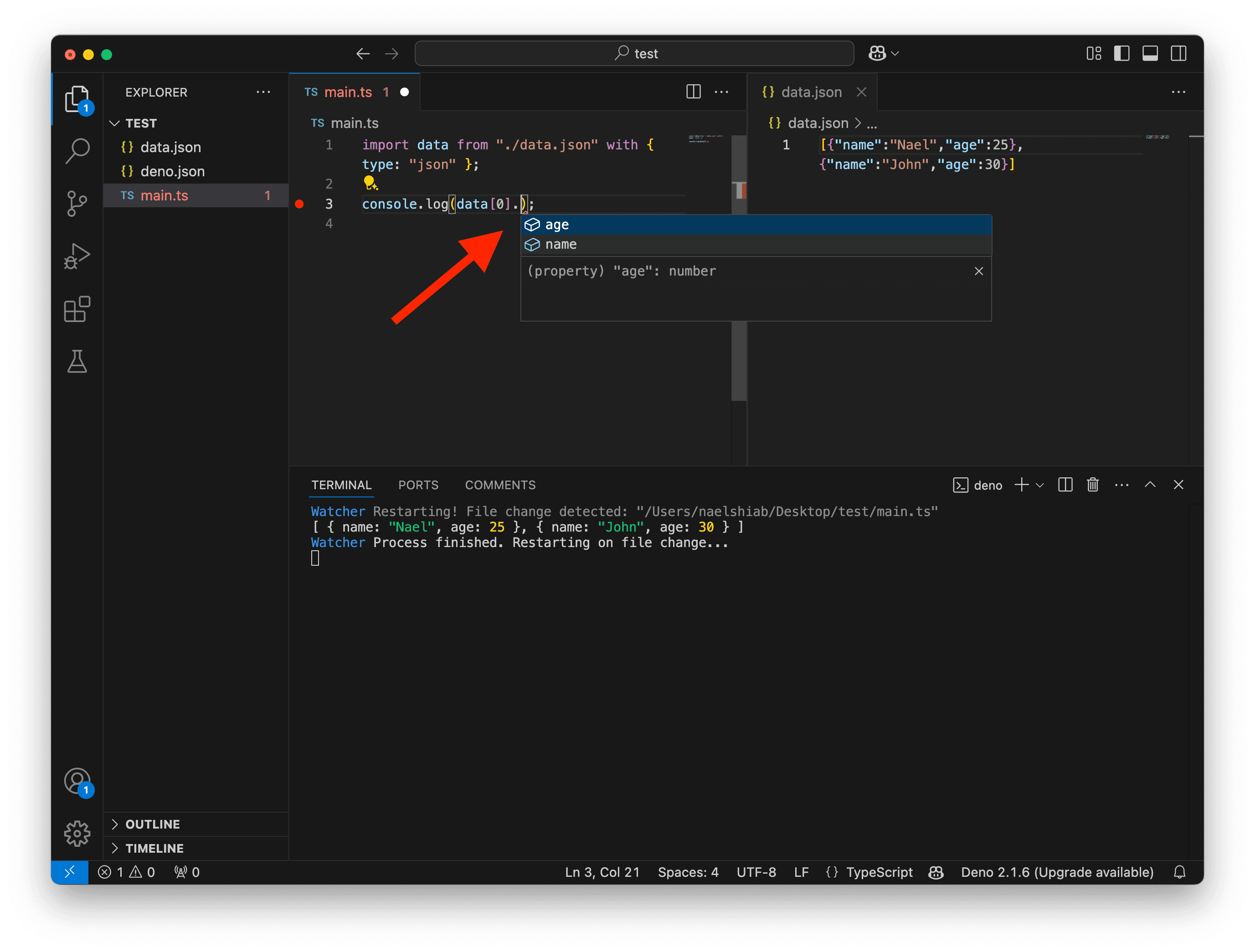 A screenshot showing VS Code reading a JSON file with Deno.