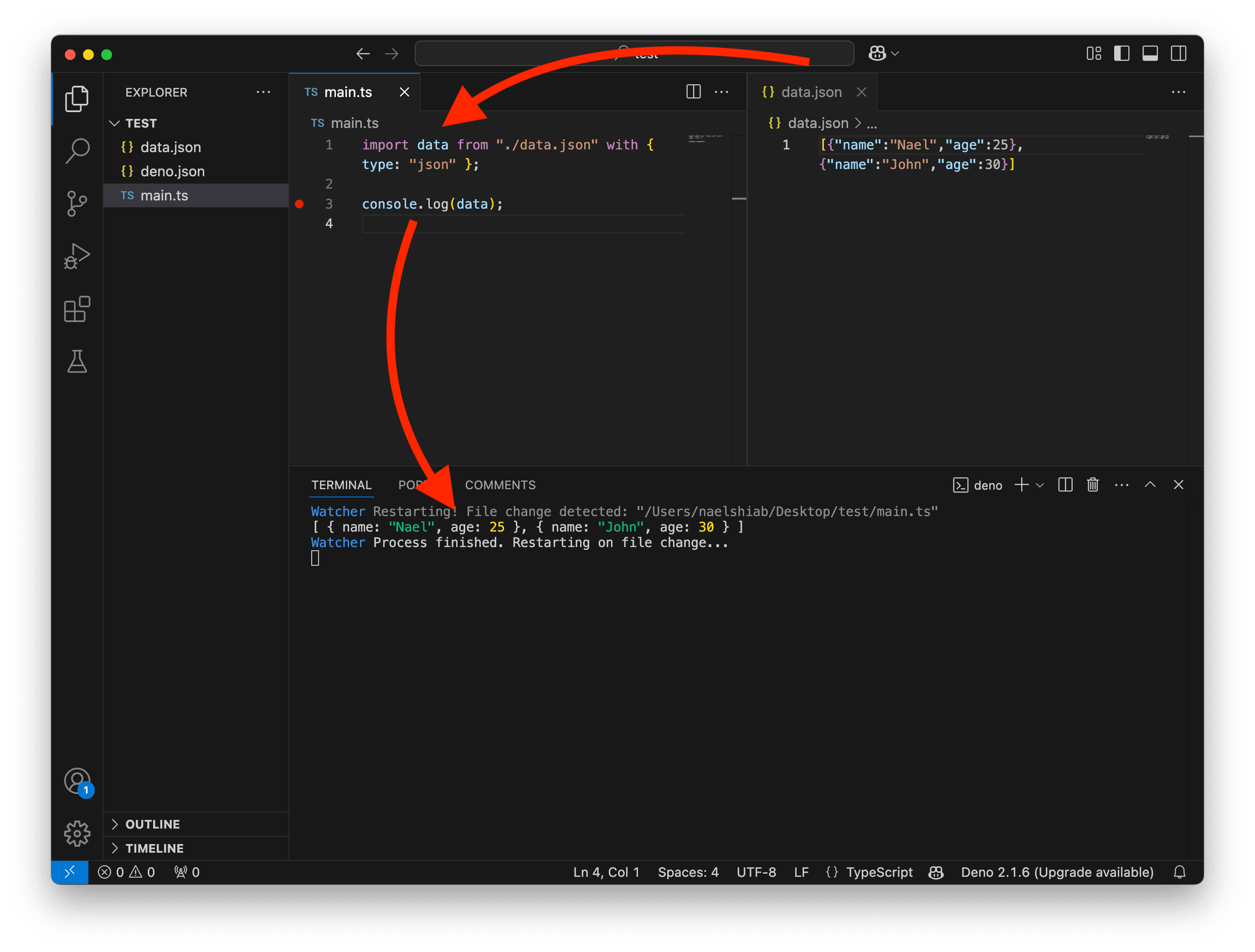 A screenshot showing VS Code reading a JSON file with Deno.