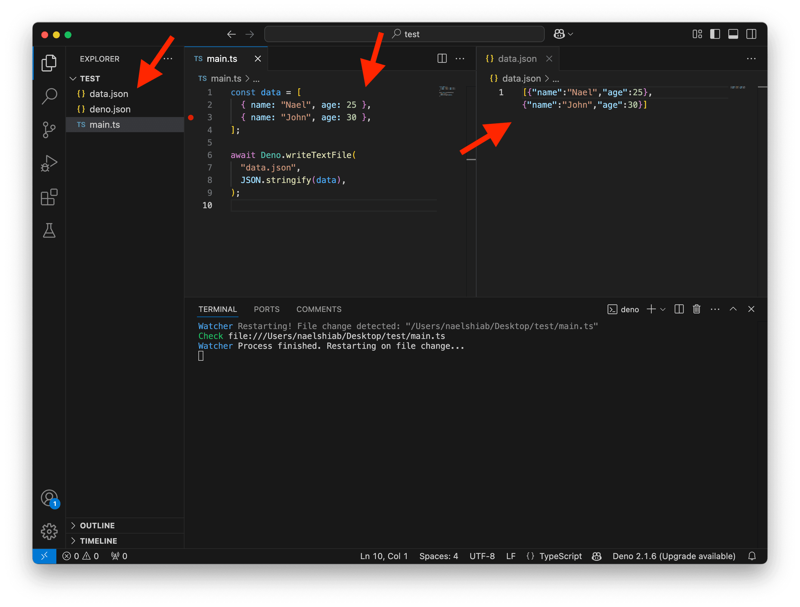 A screenshot showing VS Code writing a JSON file with Deno.