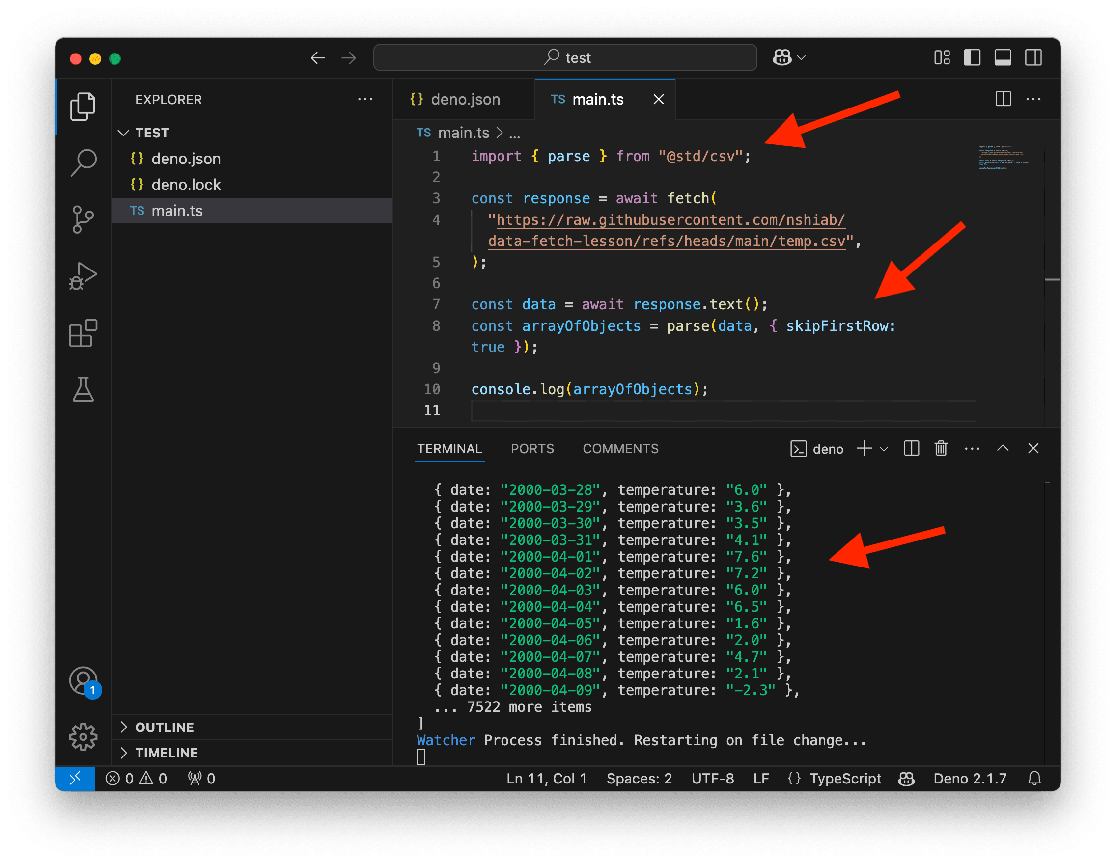 A screenshot showing a CSV being converted to an array of objects with the standard library.