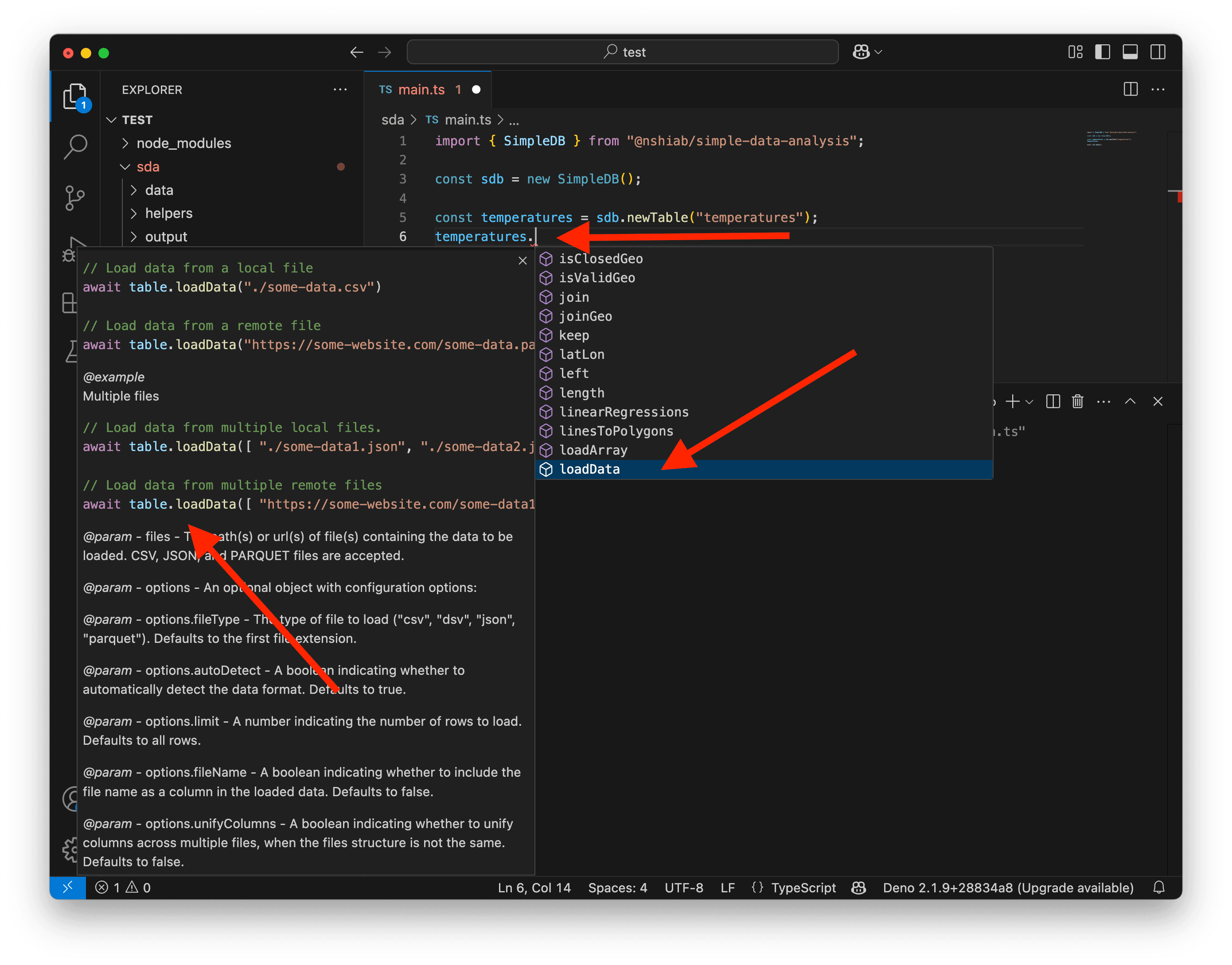 A screenshot showing VS Code documentation for loadData.