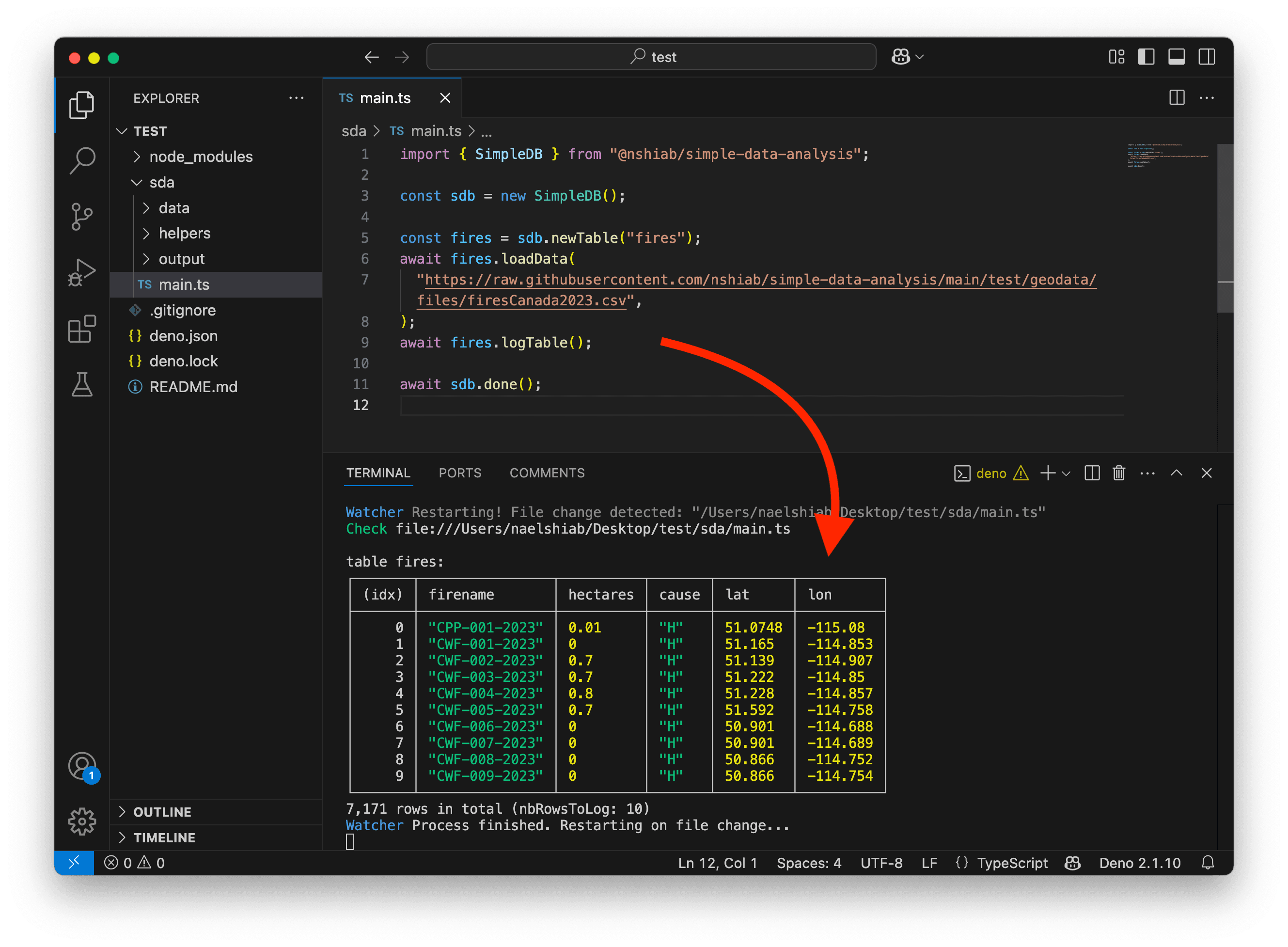 A screenshot showing the 2023 Canadian wildfires data in VS Code terminal.