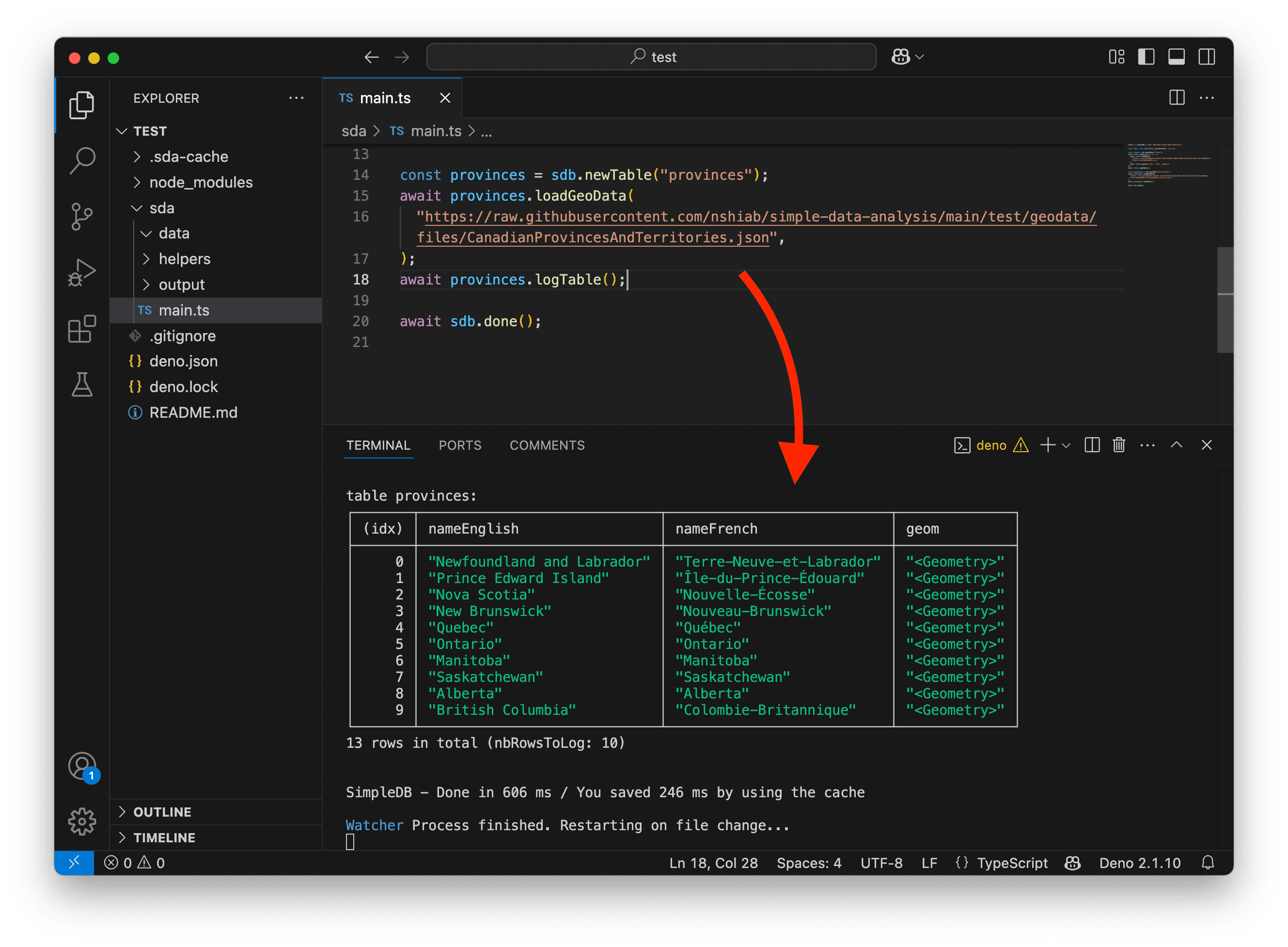 A screenshot showing the Canadian provinces data in VS Code terminal.