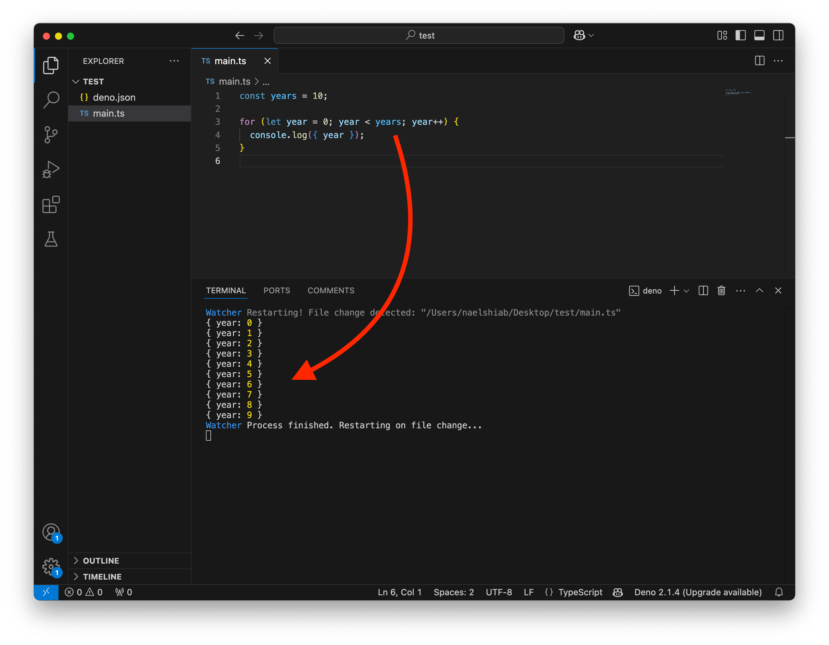 A screenshot showing VS Code running a TypeScript file with a loop.