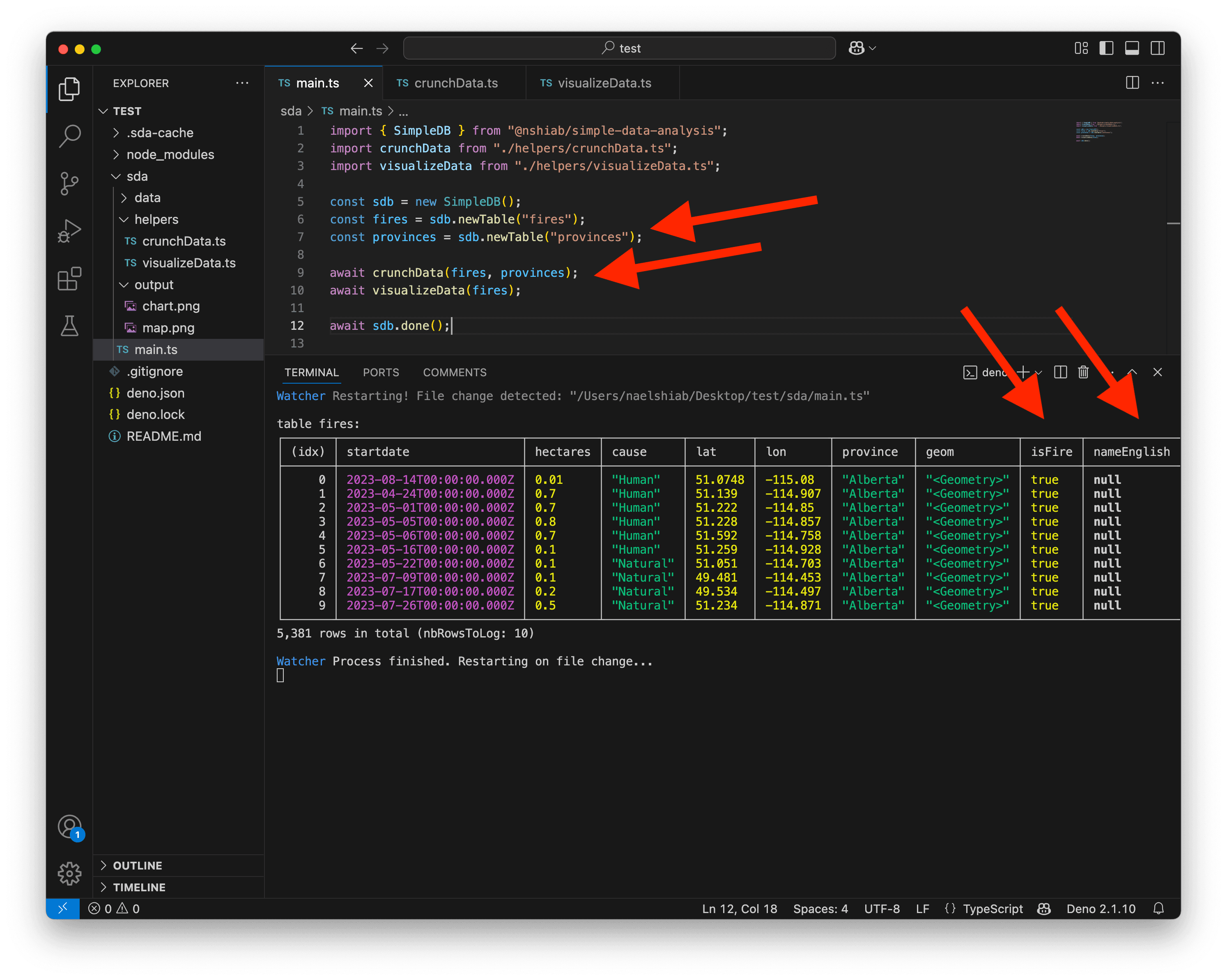 VS Code running and watching main.ts.