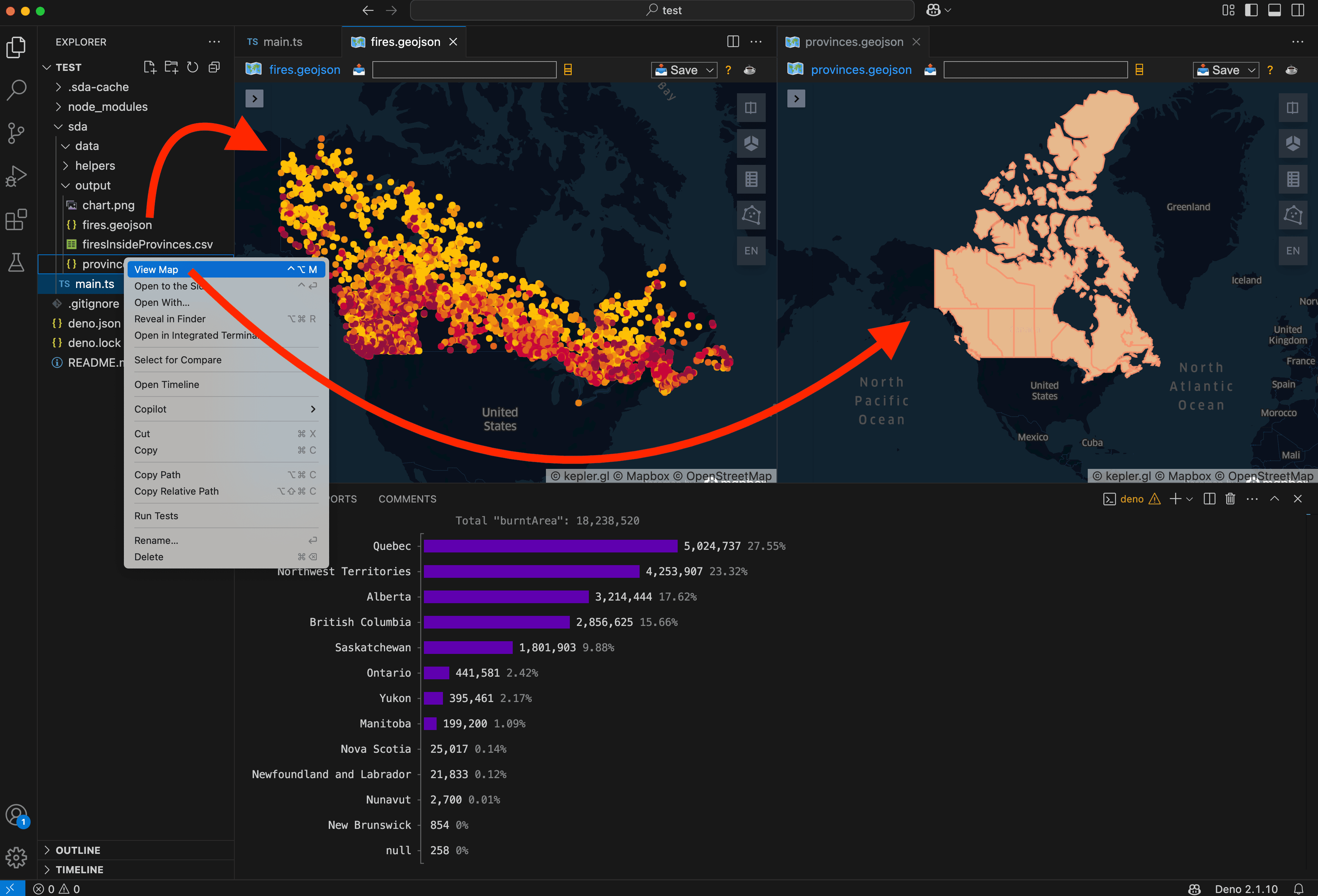 A screenshot showing GeoJSON files as interactive maps in VS Code.