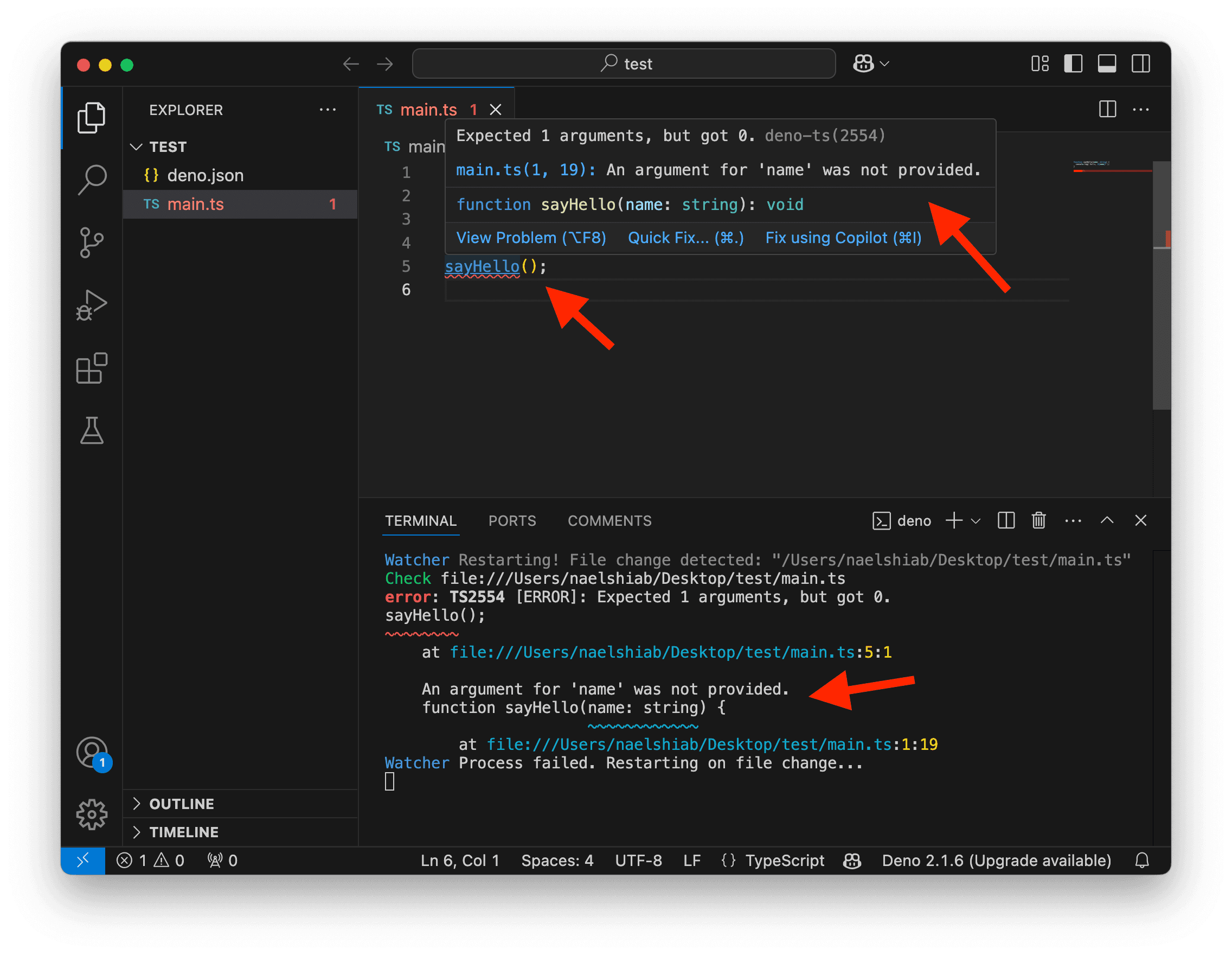 A screenshot showing VS Code showing an error because of a missing argument.