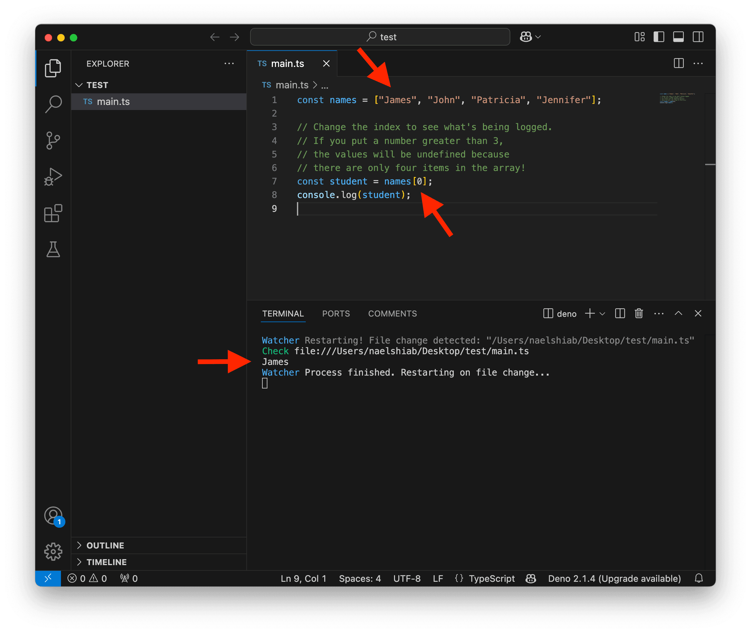 A screenshot showing VS Code logging a string from an array.