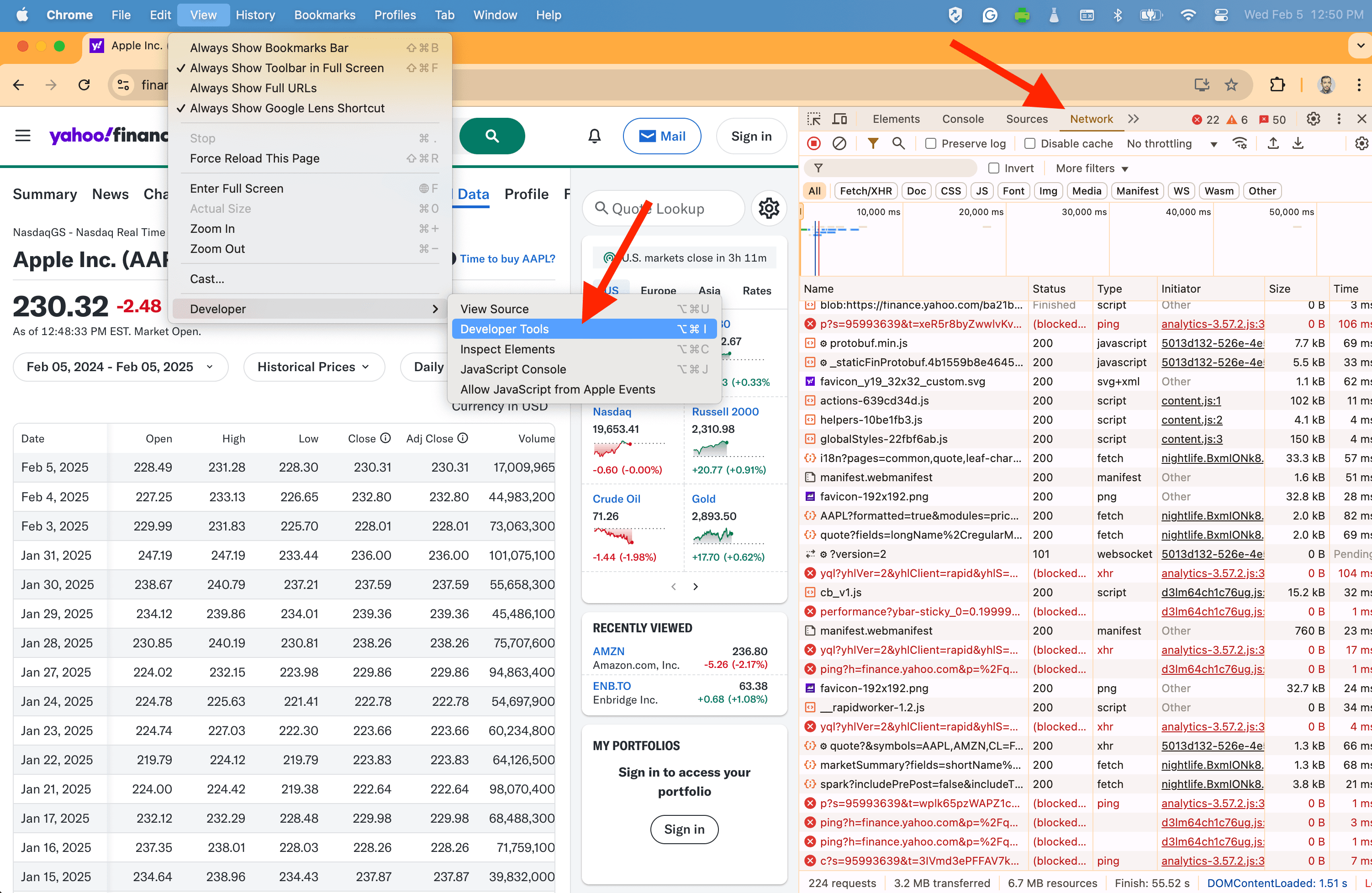 A screenshot showing the Yahoo Finance website with the developer tools open.