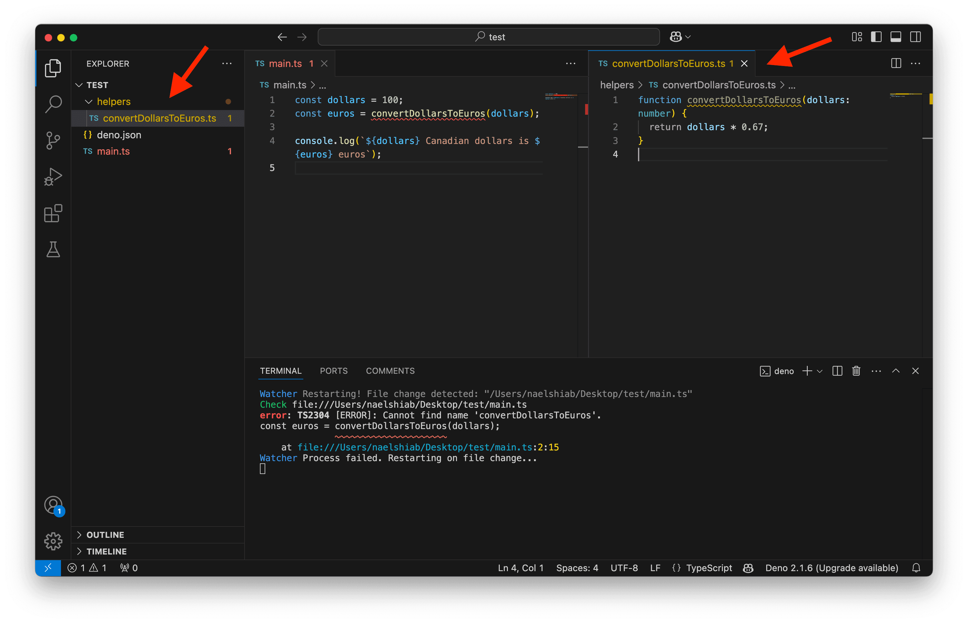 A screenshot showing VS Code showing two TypeScript files.