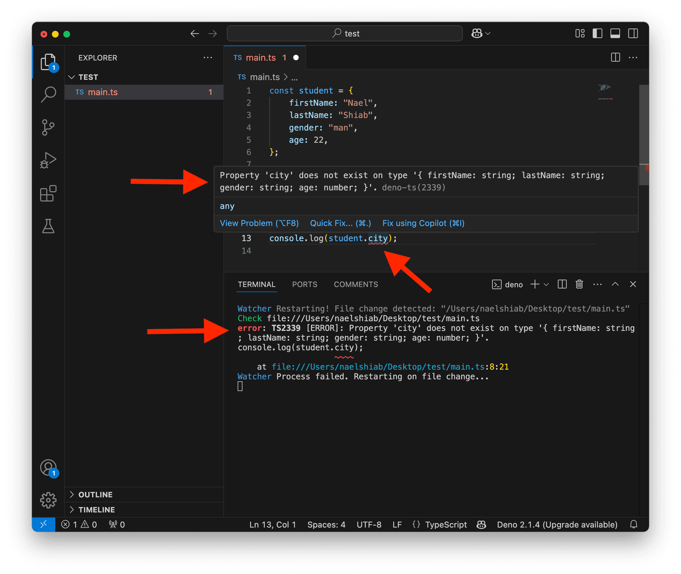 A screenshot showing VS Code and an error caused by accessing a key that doesn't exist in an object.