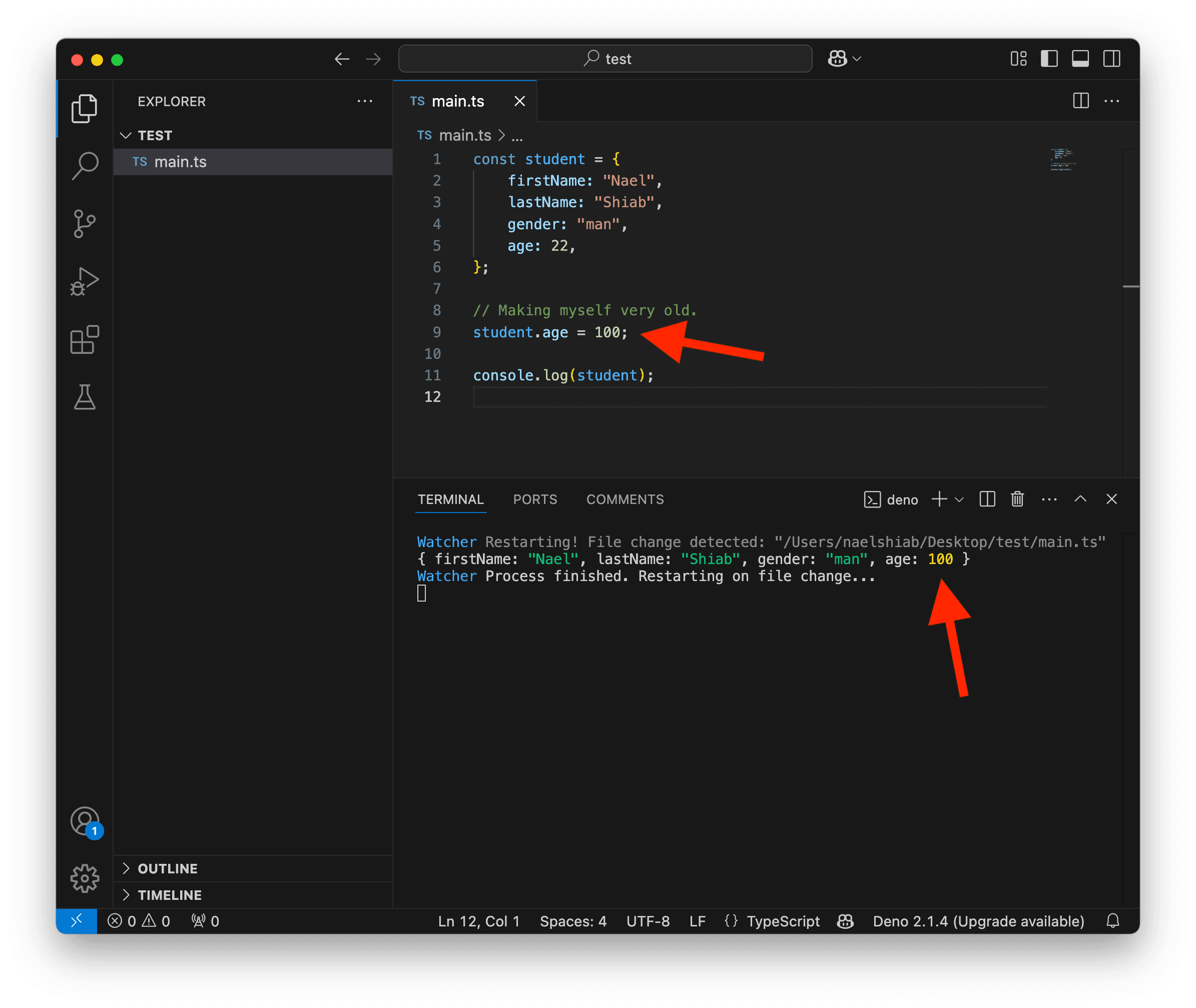 A screenshot showing VS Code and a script modifying an object.