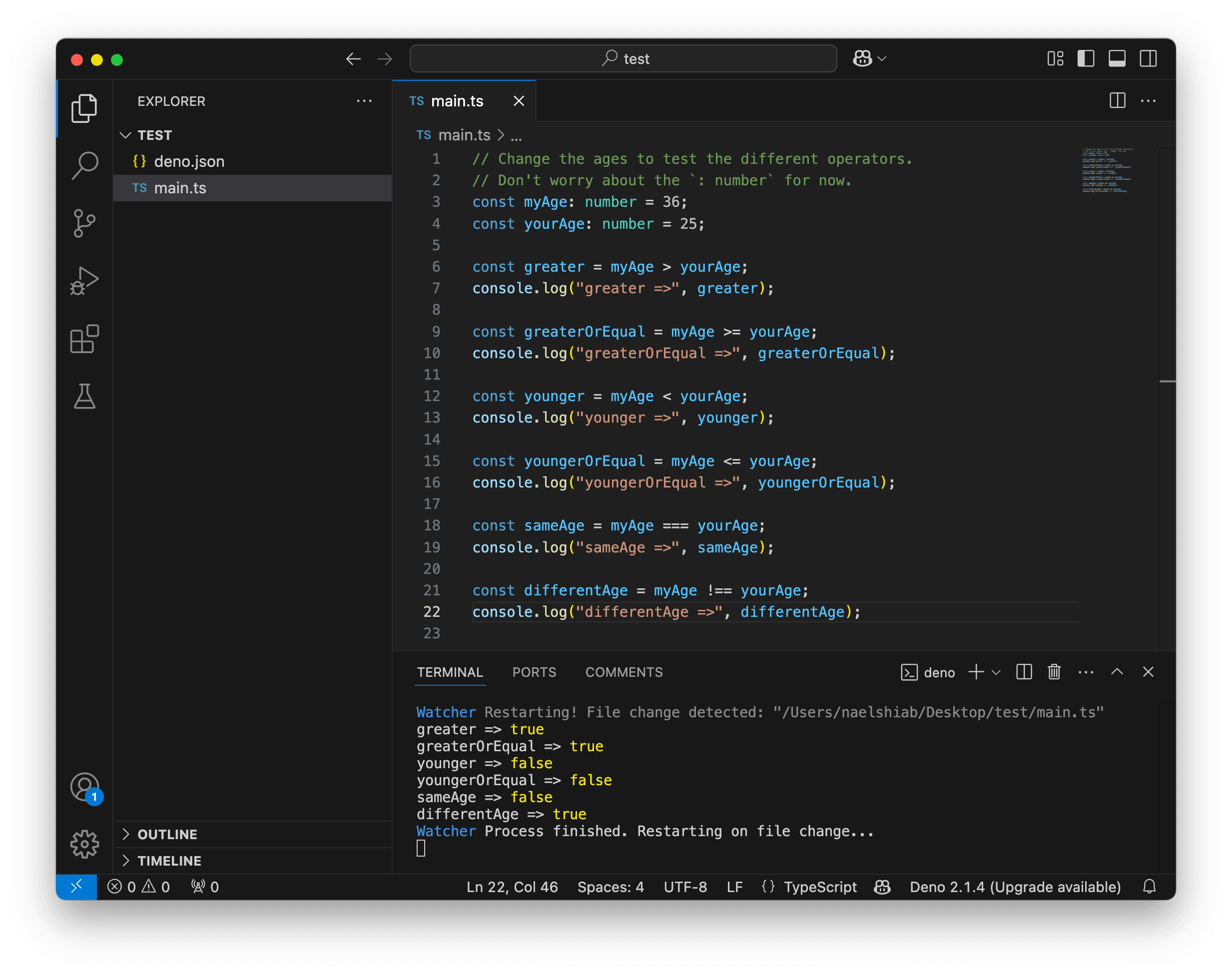 A screenshot showing VS Code running a TypeScript file with comparison operators.