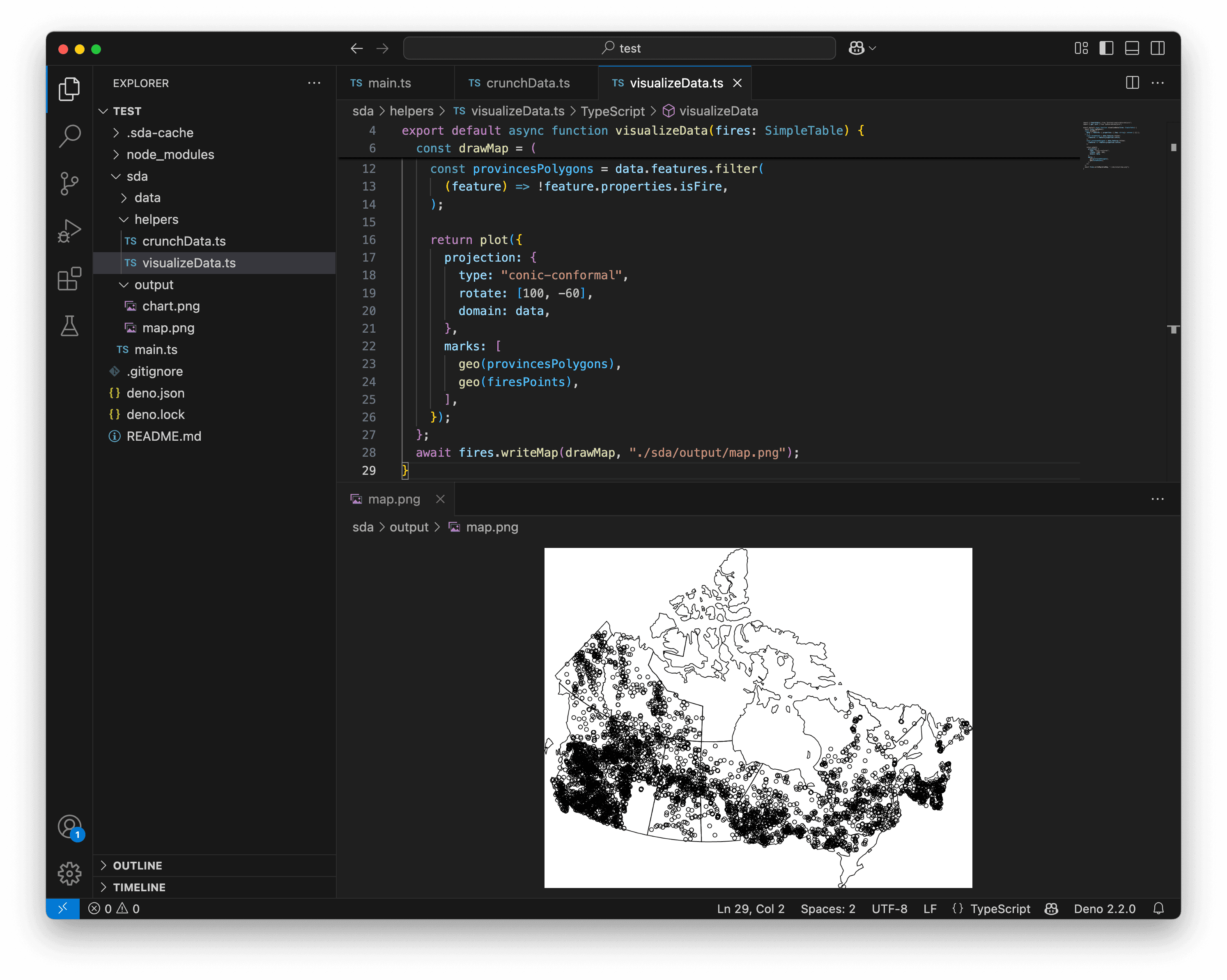 VS Code showing a conic conformal projection.