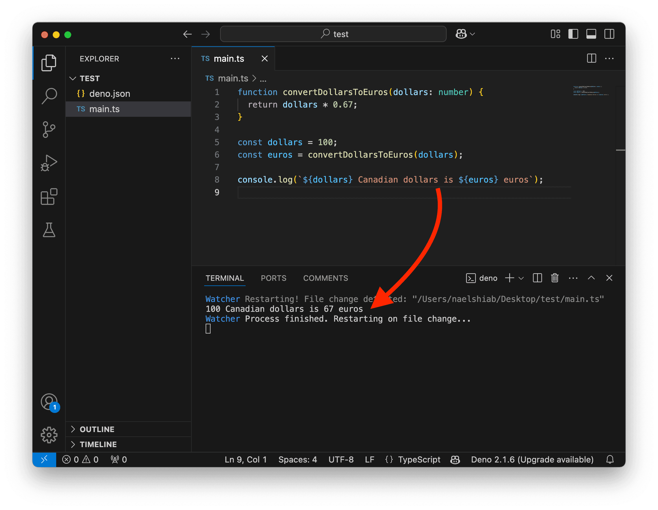 A screenshot showing VS Code logging how much dollars are in euros.