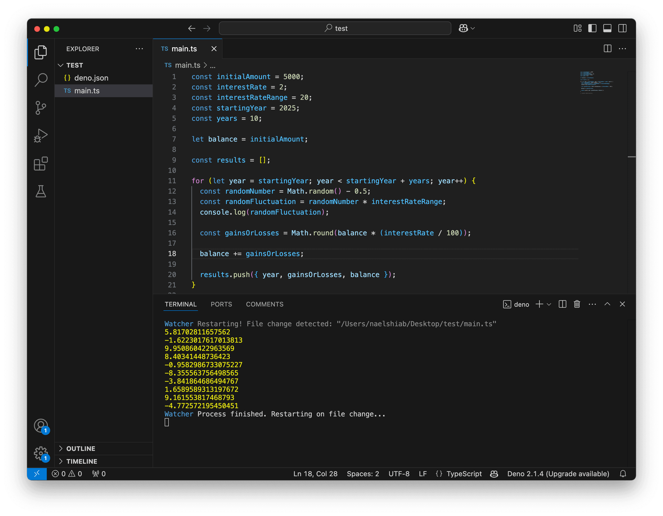 A screenshot showing VS Code logging random values between -10 and 10.