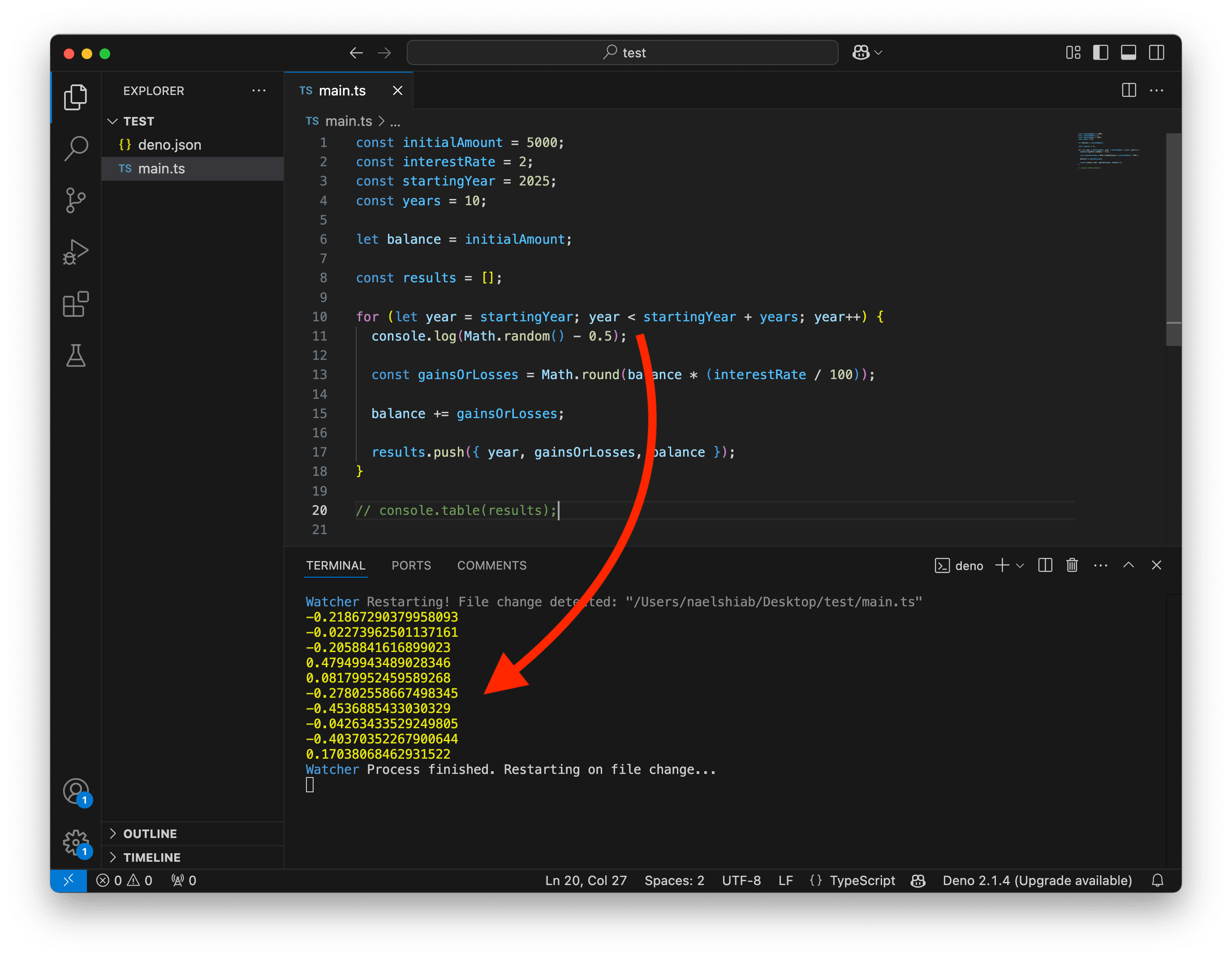 A screenshot showing VS Code logging random values between -0.5 and 0.5.