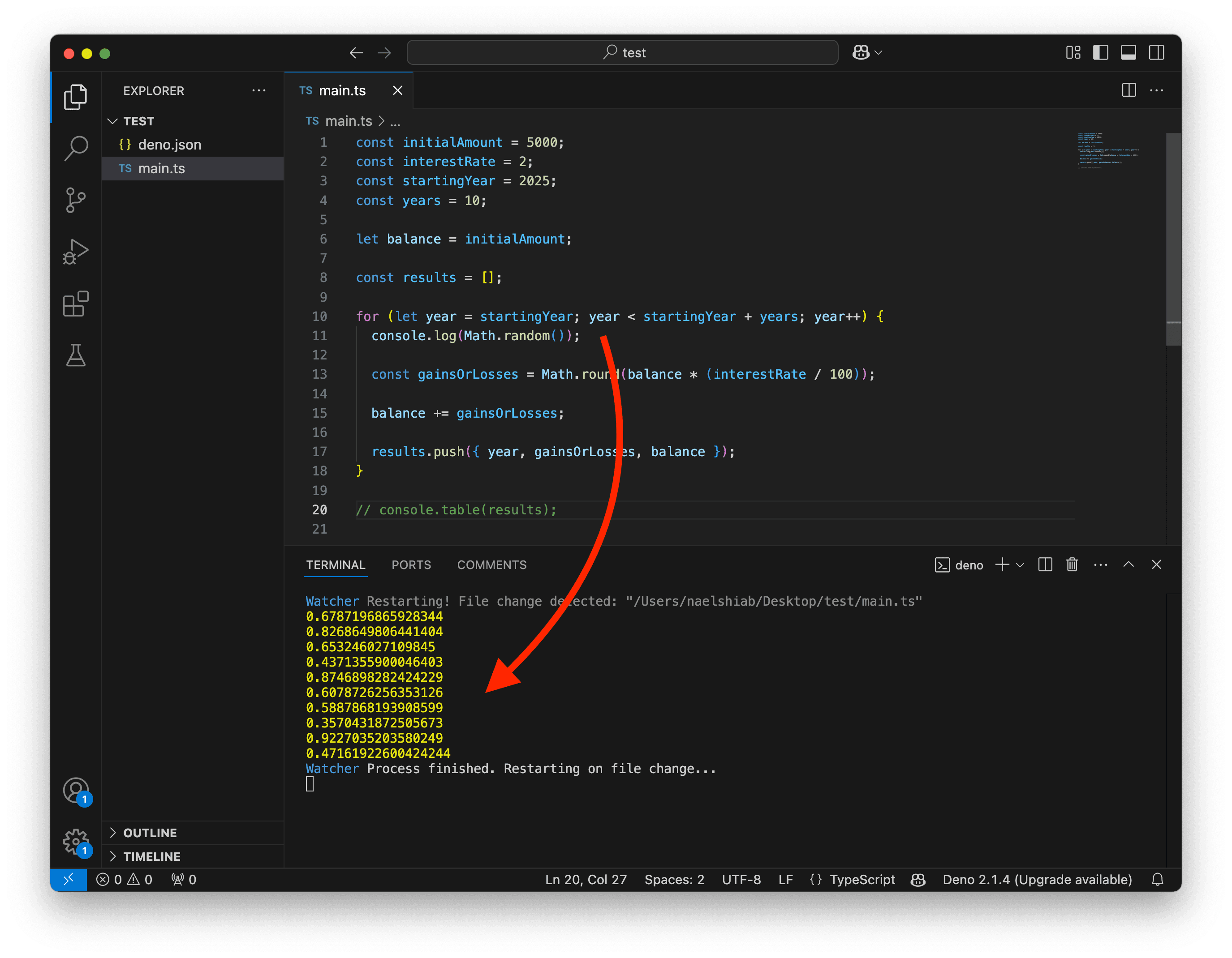 A screenshot showing VS Code logging random values.