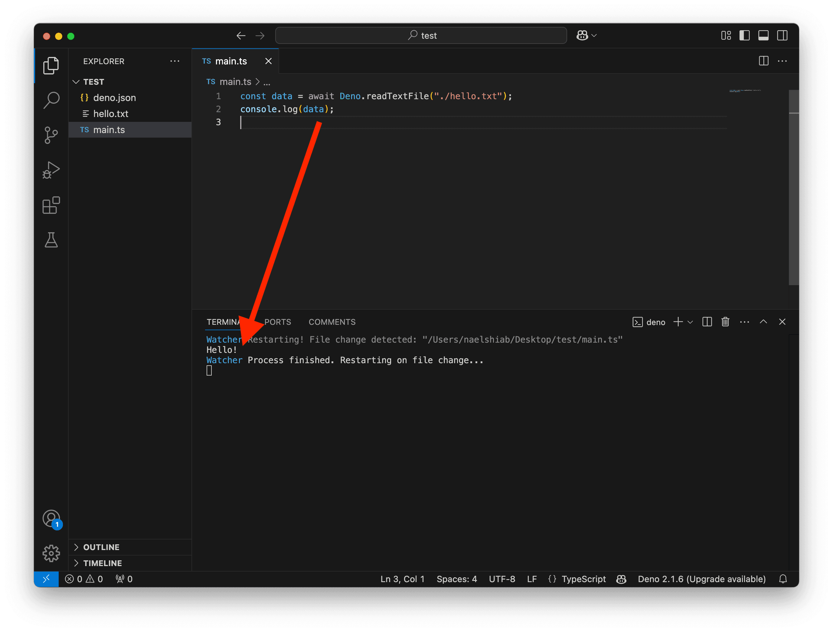 A screenshot showing VS Code reading a text file with Deno.