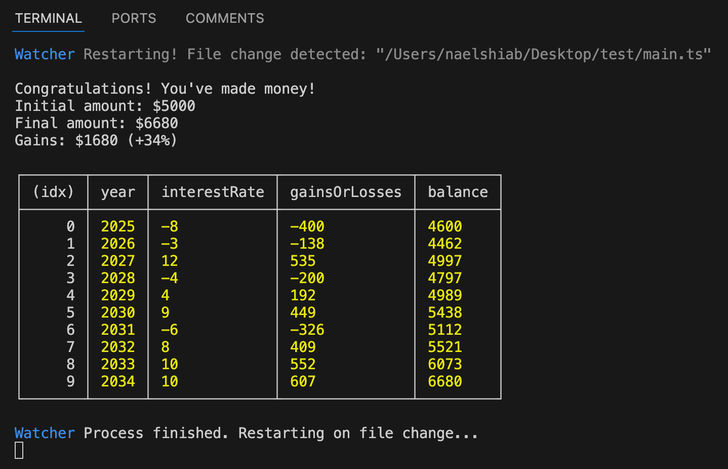 A screenshot showing VS Code terminal with a table and strings logged.