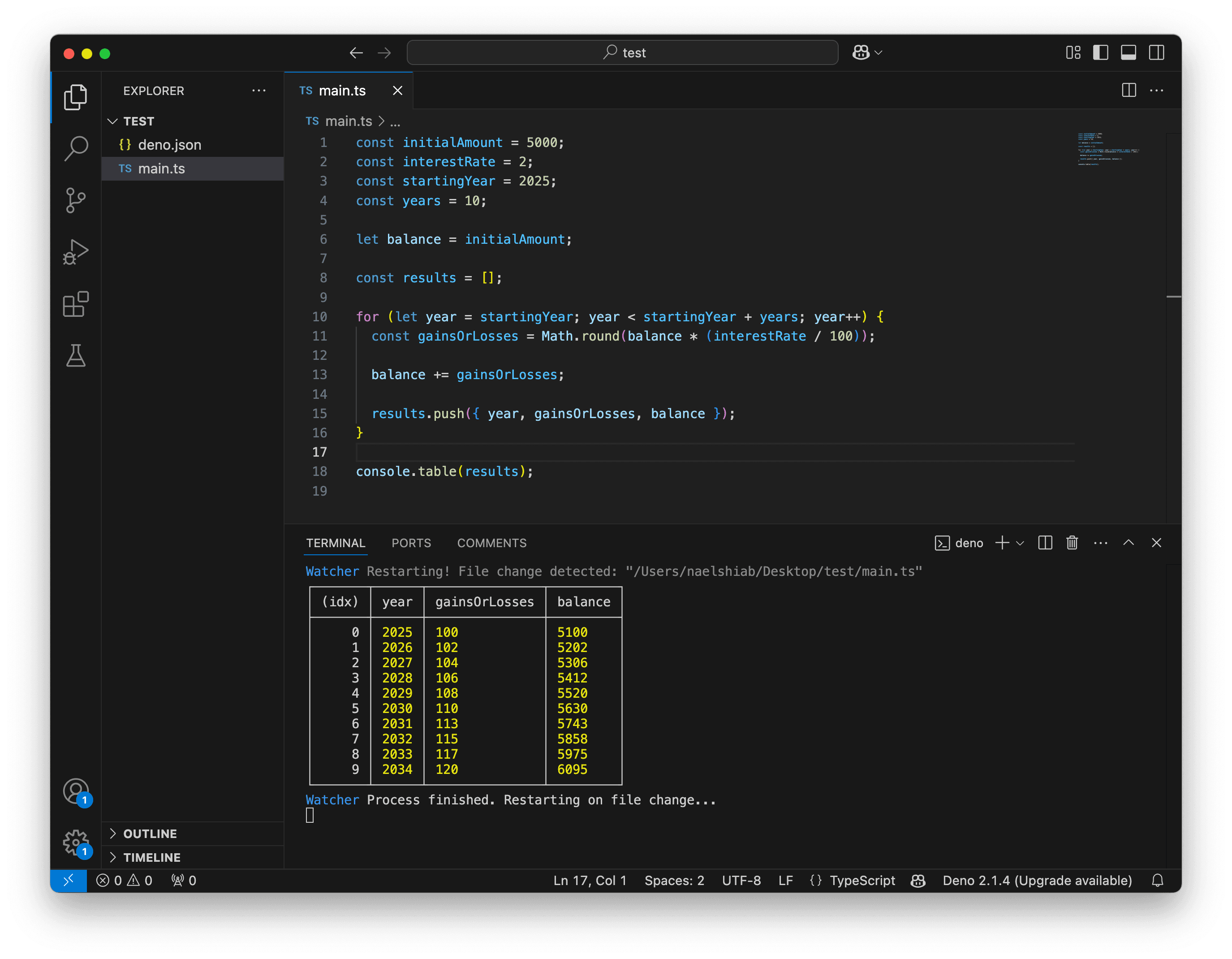 A screenshot showing VS Code logging rounded values of a savings account calculator.